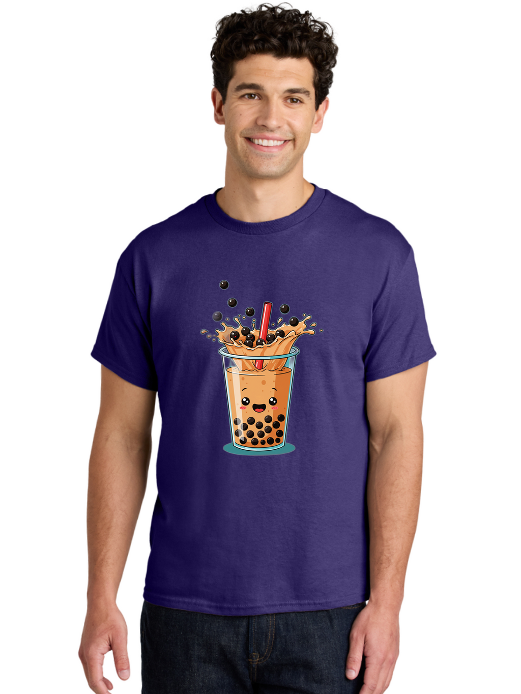 Boba-Drink Men'S Graphic Tee, 100% Cotton, Comfortable Casual Summer Wear, Machine Washable, Boba Tea, Milk Tea, Bubble Tea, Cartoon Illustration, Happy Face, Red Straw, Splashing Tapioca Pearls, Sweet Drink, Fun Beverage, Cute Design Bac646