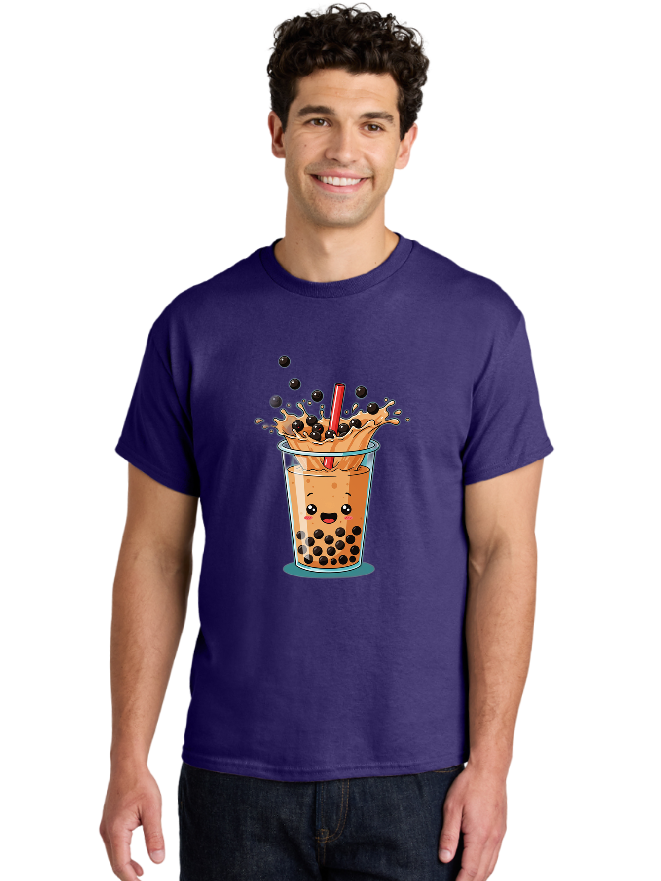 Boba-Drink Men'S Graphic Tee, 100% Cotton, Comfortable Casual Summer Wear, Machine Washable, Boba Tea, Milk Tea, Bubble Tea, Cartoon Illustration, Happy Face, Red Straw, Splashing Tapioca Pearls, Sweet Drink, Fun Beverage, Cute Design Bac646
