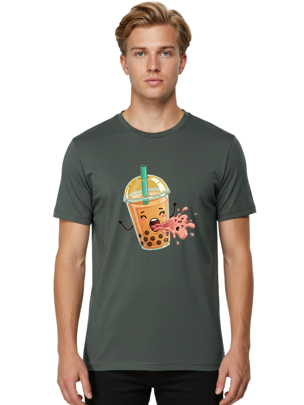 Boba-Face Men'S Graphic Tee, 100% Cotton, Comfortable Casual Summer Wear, Machine Washable, Cartoon Bubble Tea, Boba Drink, Spitting Tea, Cute Character, Funny Illustration, Kawaii Art, Tea Lover, Bubble Tea Lover, Straw, Boba, Milk Tea Bac647