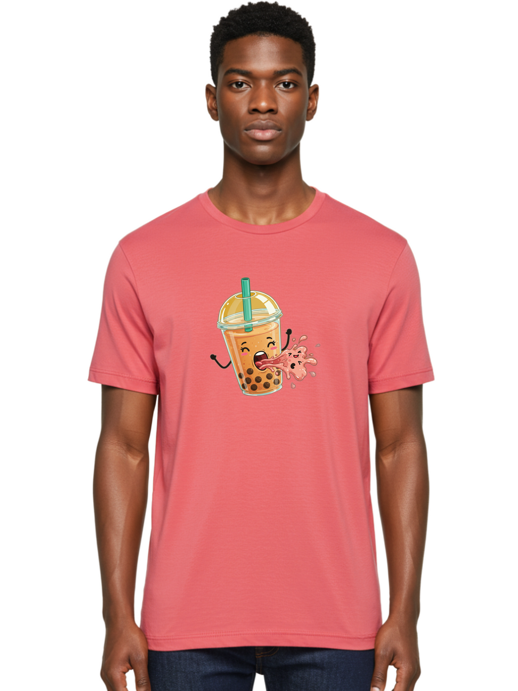 Boba-Face Men'S Graphic Tee, 100% Cotton, Comfortable Casual Summer Wear, Machine Washable, Cartoon Bubble Tea, Boba Drink, Spitting Tea, Cute Character, Funny Illustration, Kawaii Art, Tea Lover, Bubble Tea Lover, Straw, Boba, Milk Tea Bac647