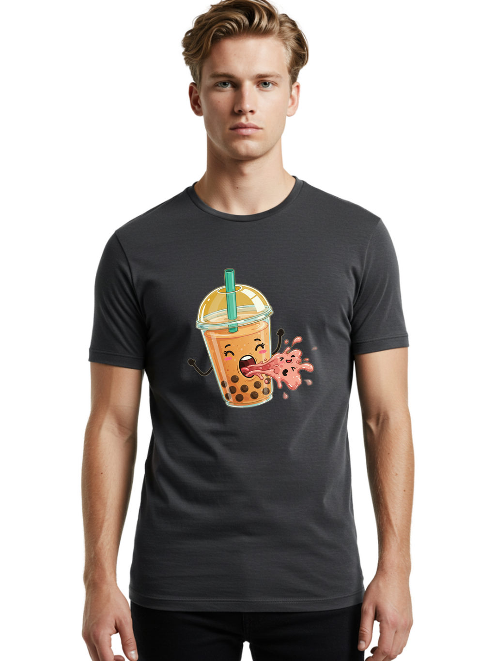 Boba-Face Men'S Graphic Tee, 100% Cotton, Comfortable Casual Summer Wear, Machine Washable, Cartoon Bubble Tea, Boba Drink, Spitting Tea, Cute Character, Funny Illustration, Kawaii Art, Tea Lover, Bubble Tea Lover, Straw, Boba, Milk Tea Bac647