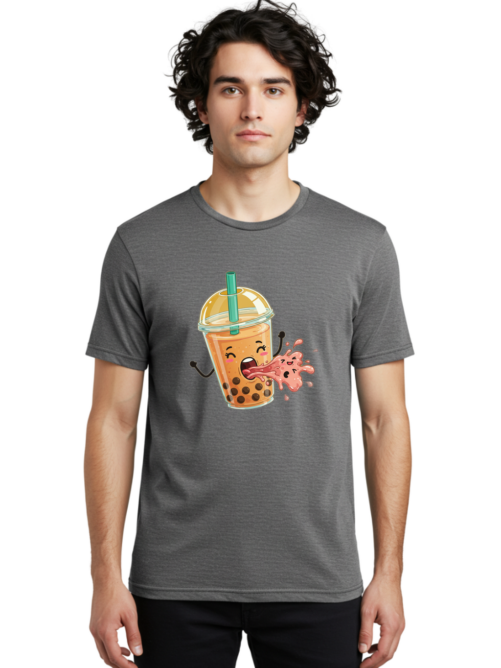 Boba-Face Men'S Graphic Tee, 100% Cotton, Comfortable Casual Summer Wear, Machine Washable, Cartoon Bubble Tea, Boba Drink, Spitting Tea, Cute Character, Funny Illustration, Kawaii Art, Tea Lover, Bubble Tea Lover, Straw, Boba, Milk Tea Bac647
