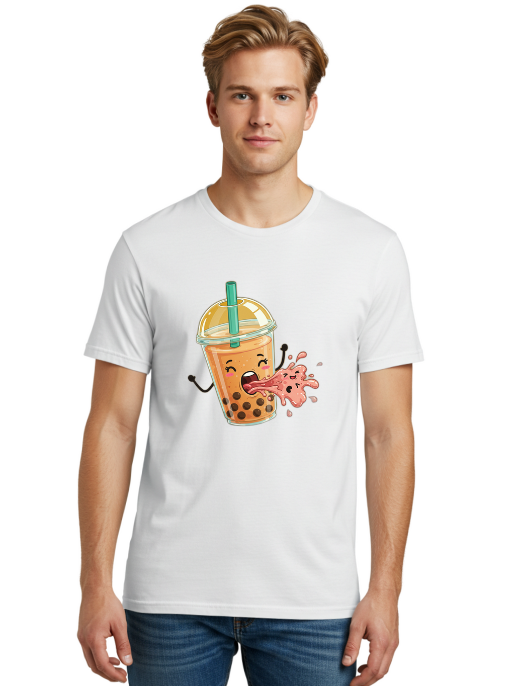 Boba-Face Men'S Graphic Tee, 100% Cotton, Comfortable Casual Summer Wear, Machine Washable, Cartoon Bubble Tea, Boba Drink, Spitting Tea, Cute Character, Funny Illustration, Kawaii Art, Tea Lover, Bubble Tea Lover, Straw, Boba, Milk Tea Bac647
