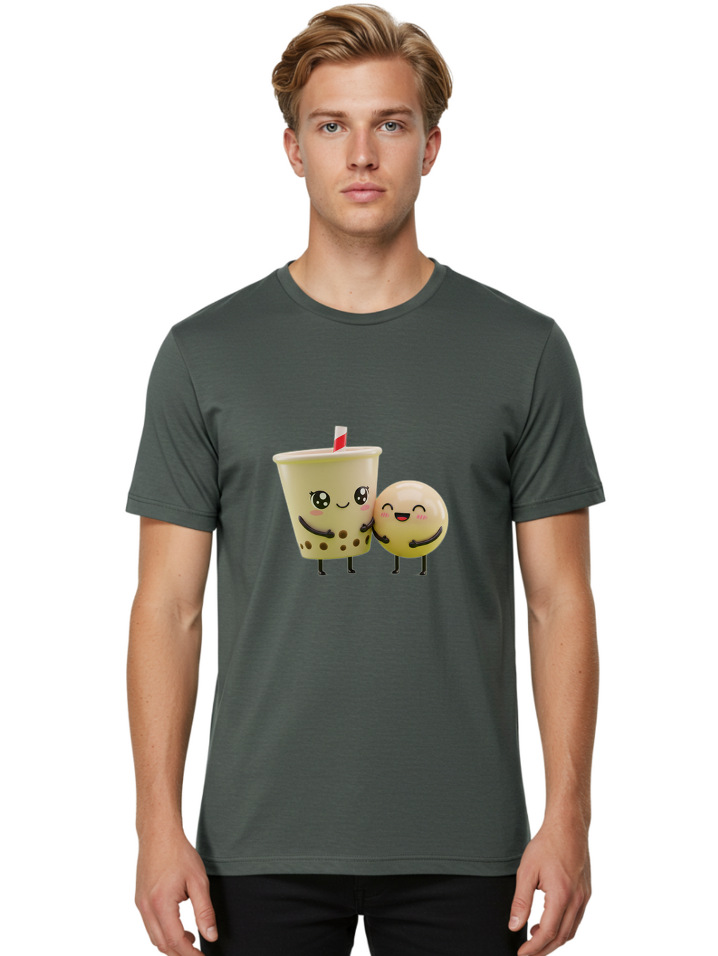 Boba-Friends Men'S Graphic Tee, 100% Cotton, Comfortable Casual Summer Wear, Machine Washable, Boba Tea, Milk Tea, Cartoon Characters, Smiling Faces, Happy Boba, Tea Lovers, Bubble Tea, Cute Illustrations, Friendly Duo, Bubble Tea Culture, Bac648