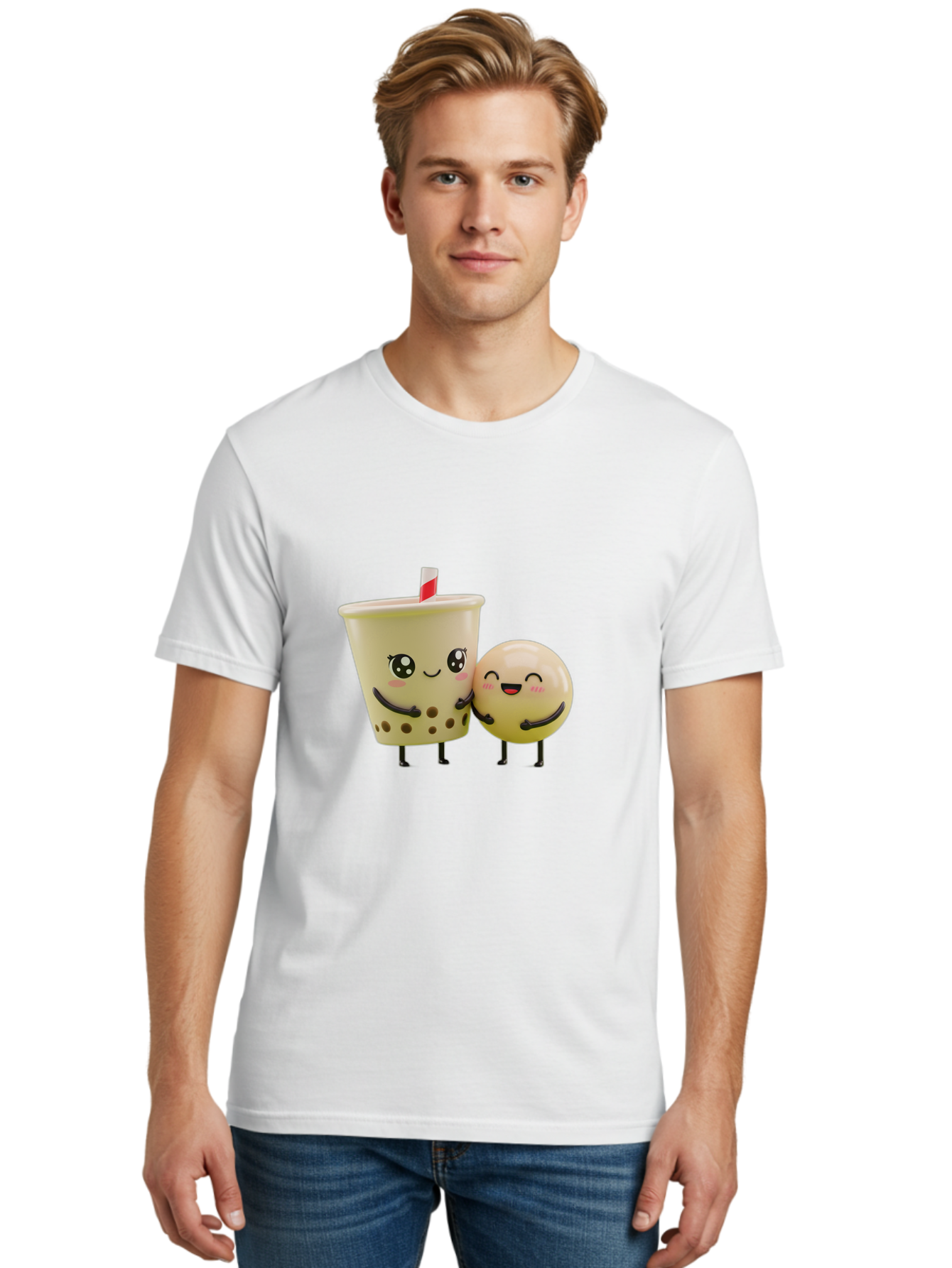 Boba-Friends Men'S Graphic Tee, 100% Cotton, Comfortable Casual Summer Wear, Machine Washable, Boba Tea, Milk Tea, Cartoon Characters, Smiling Faces, Happy Boba, Tea Lovers, Bubble Tea, Cute Illustrations, Friendly Duo, Bubble Tea Culture, Bac648