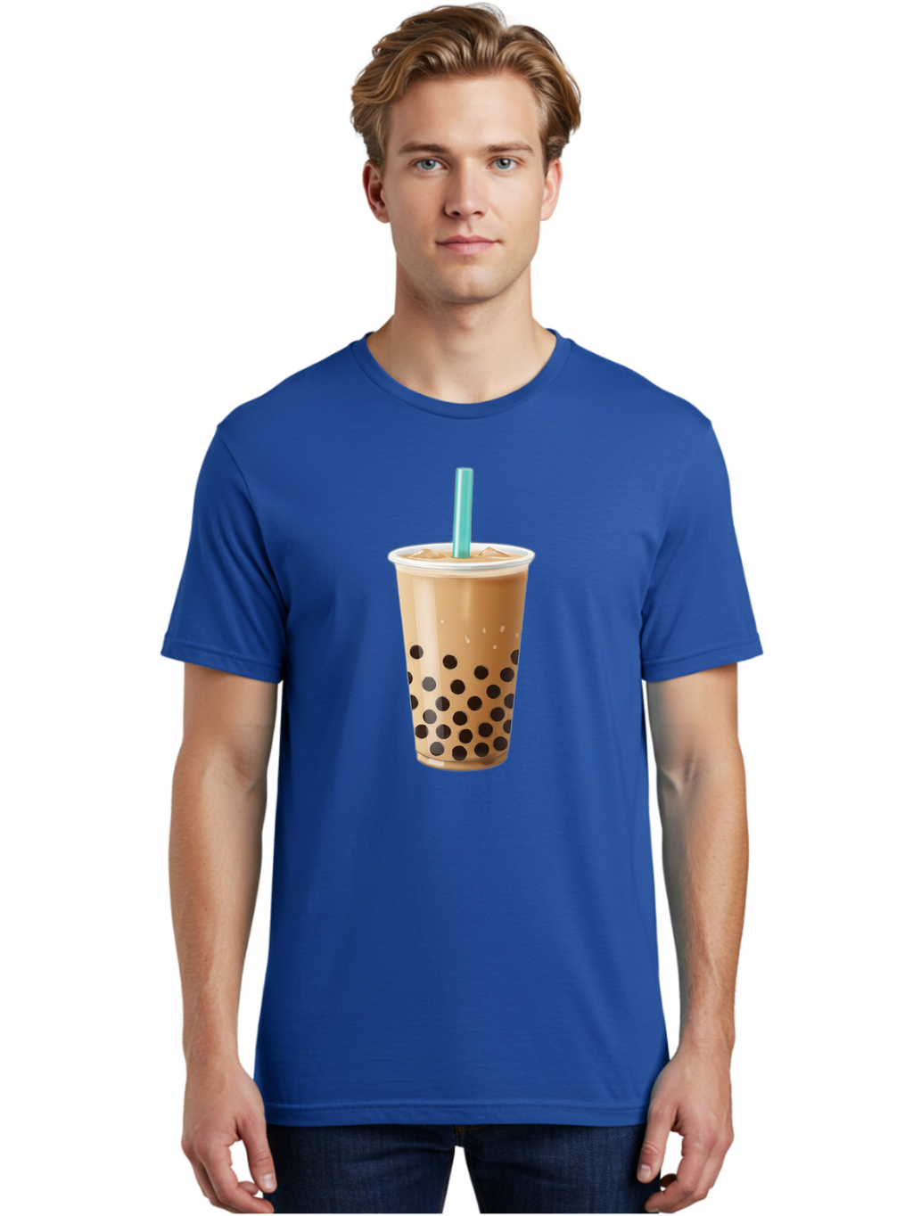 Boba-Milk-Tea Men'S Graphic Tee, 100% Cotton, Comfortable Casual Summer Wear, Machine Washable, Boba Tea, Bubble Milk Tea, Milk Tea, Tapioca Pearls, Iced Tea, Cold Brew, Refreshing Drink, Trendy Beverage, Blue Straw Bac649