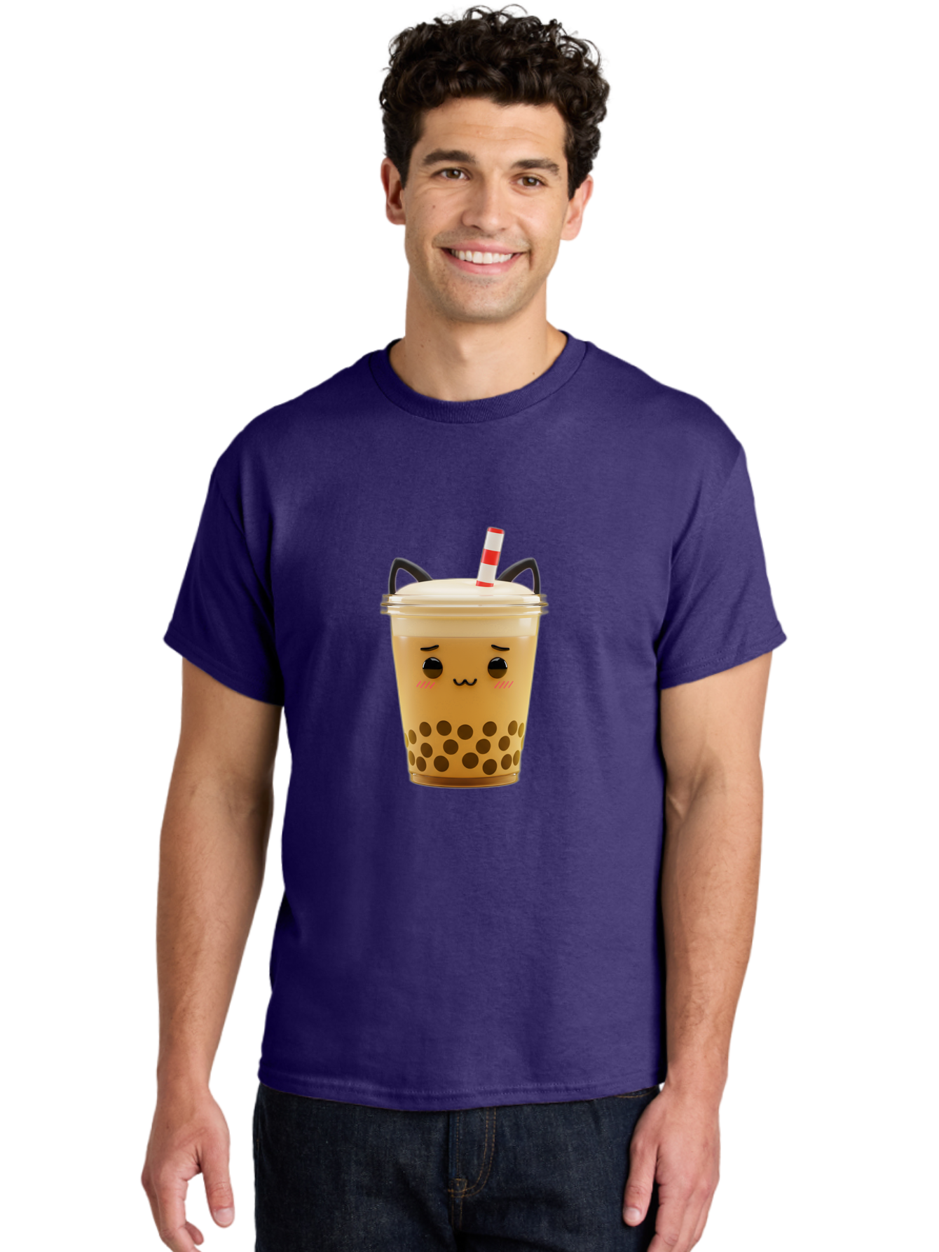 Boba-Tea-1 Men'S Graphic Tee, 100% Cotton, Comfortable Casual Summer Wear, Machine Washable, Cute Boba Tea, Kawaii Drink, Bubble Tea, Cartoon Character, Happy Face, Adorable Design, Sweet Treat, Creamy Texture, Tapioca Pearls, Fun Beverage, Bac650