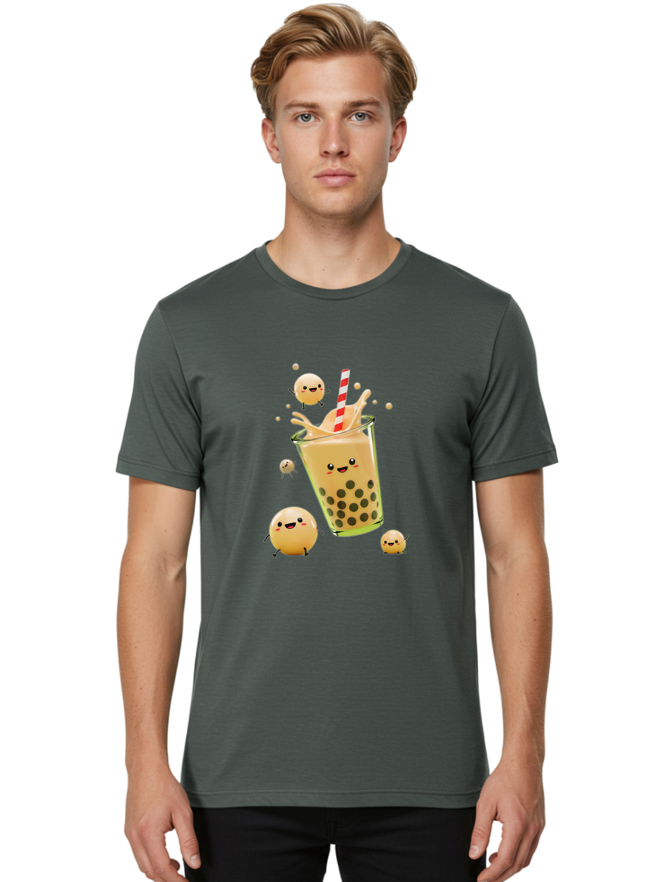 Boba-Tea-12 Men'S Graphic Tee, 100% Cotton, Comfortable Casual Summer Wear, Machine Washable, Bubble Tea Drink, Cartoon Bubbles, Smiling Faces, Fun Beverage, Playful Illustration, Boba Tea, Happy Characters, Animated Drink Bac653