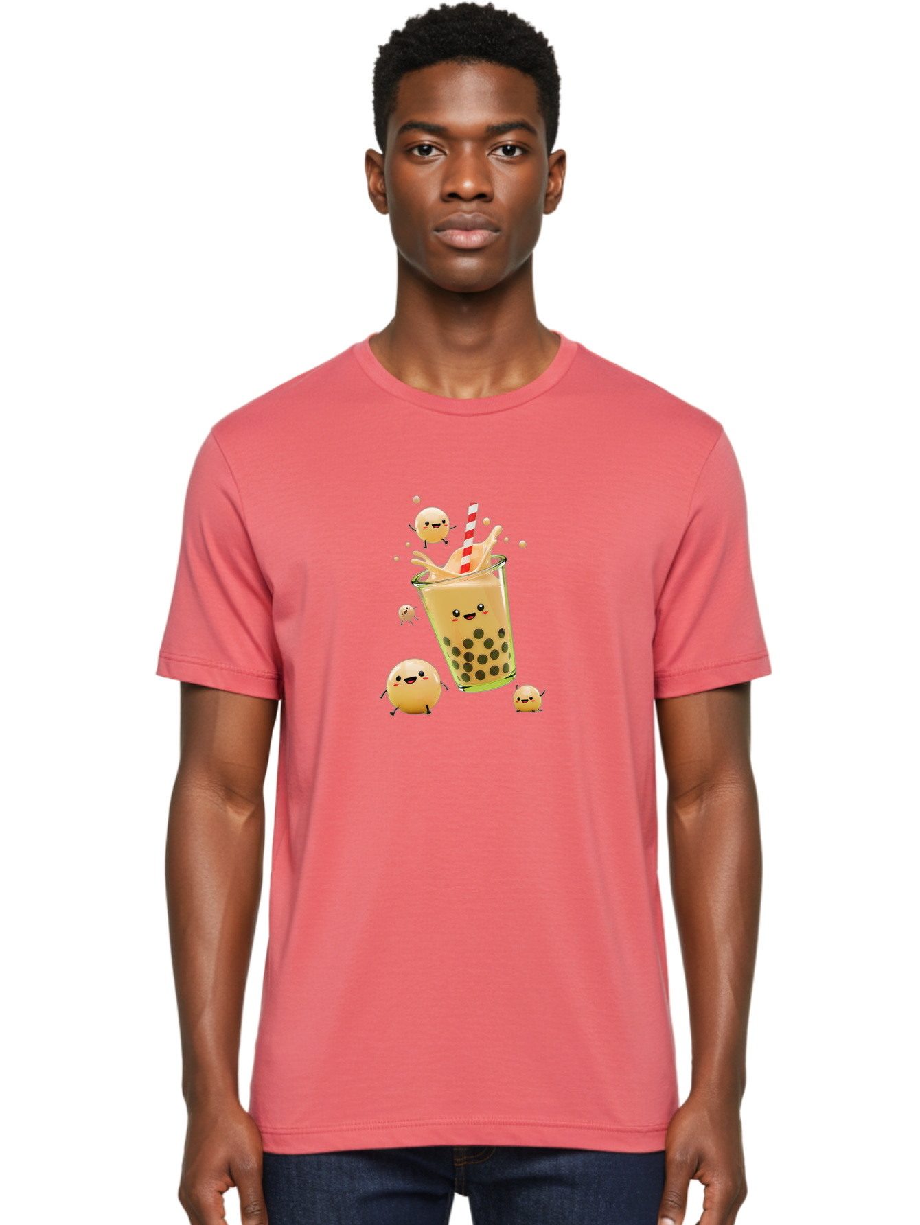 Boba-Tea-12 Men'S Graphic Tee, 100% Cotton, Comfortable Casual Summer Wear, Machine Washable, Bubble Tea Drink, Cartoon Bubbles, Smiling Faces, Fun Beverage, Playful Illustration, Boba Tea, Happy Characters, Animated Drink Bac653