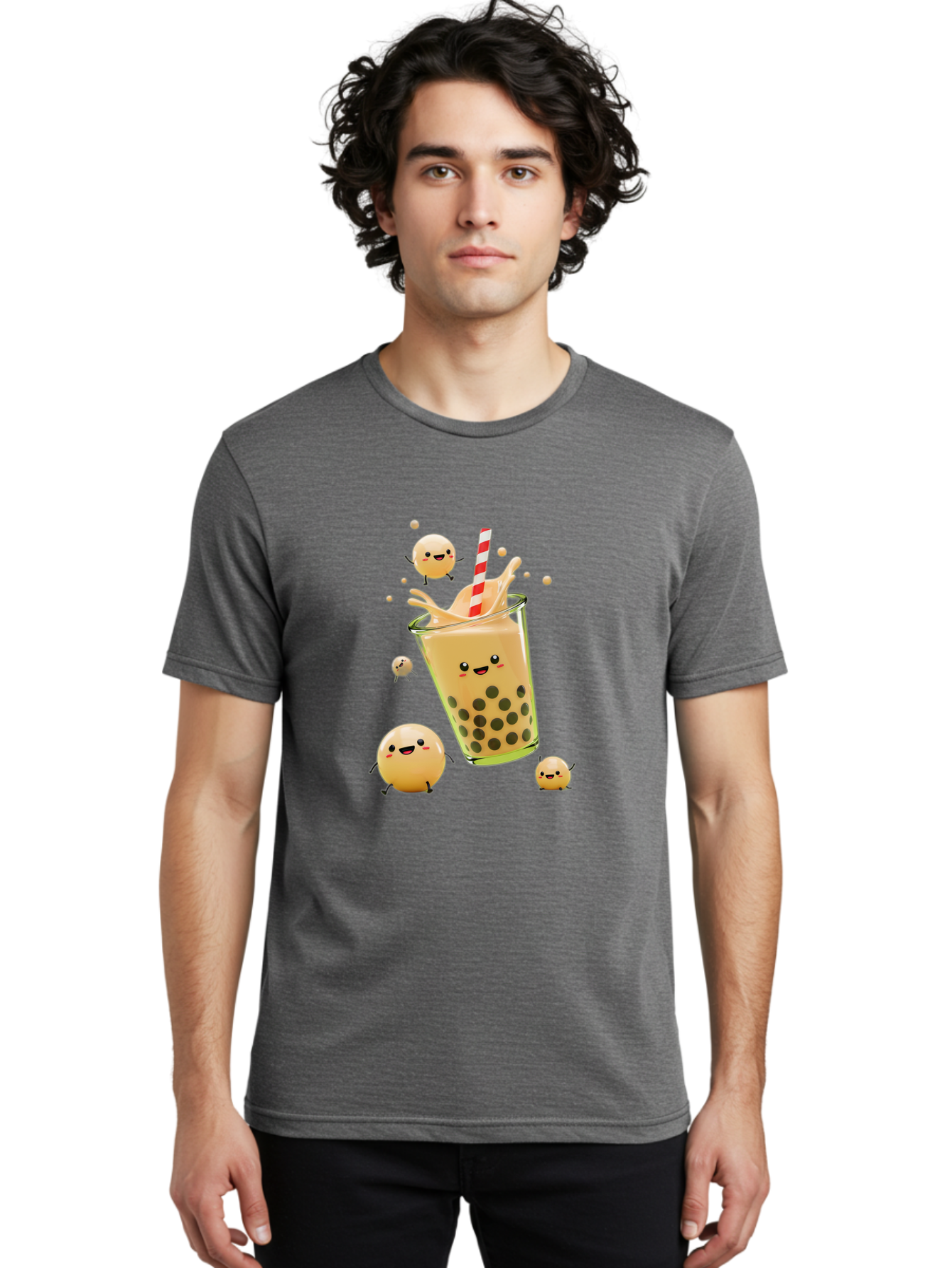 Boba-Tea-12 Men'S Graphic Tee, 100% Cotton, Comfortable Casual Summer Wear, Machine Washable, Bubble Tea Drink, Cartoon Bubbles, Smiling Faces, Fun Beverage, Playful Illustration, Boba Tea, Happy Characters, Animated Drink Bac653