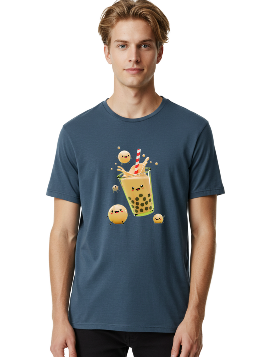 Boba-Tea-12 Men'S Graphic Tee, 100% Cotton, Comfortable Casual Summer Wear, Machine Washable, Bubble Tea Drink, Cartoon Bubbles, Smiling Faces, Fun Beverage, Playful Illustration, Boba Tea, Happy Characters, Animated Drink Bac653