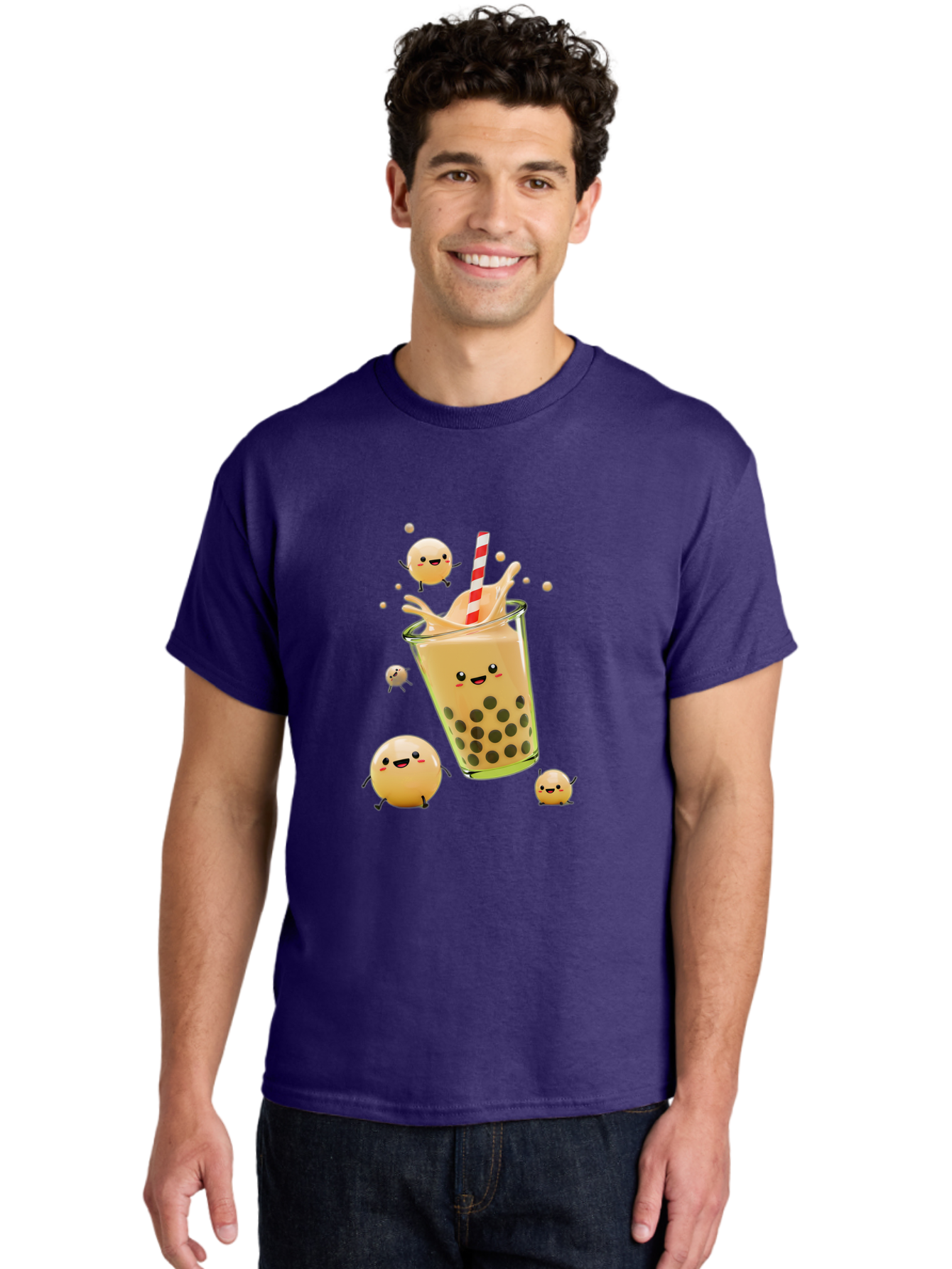 Boba-Tea-12 Men'S Graphic Tee, 100% Cotton, Comfortable Casual Summer Wear, Machine Washable, Bubble Tea Drink, Cartoon Bubbles, Smiling Faces, Fun Beverage, Playful Illustration, Boba Tea, Happy Characters, Animated Drink Bac653