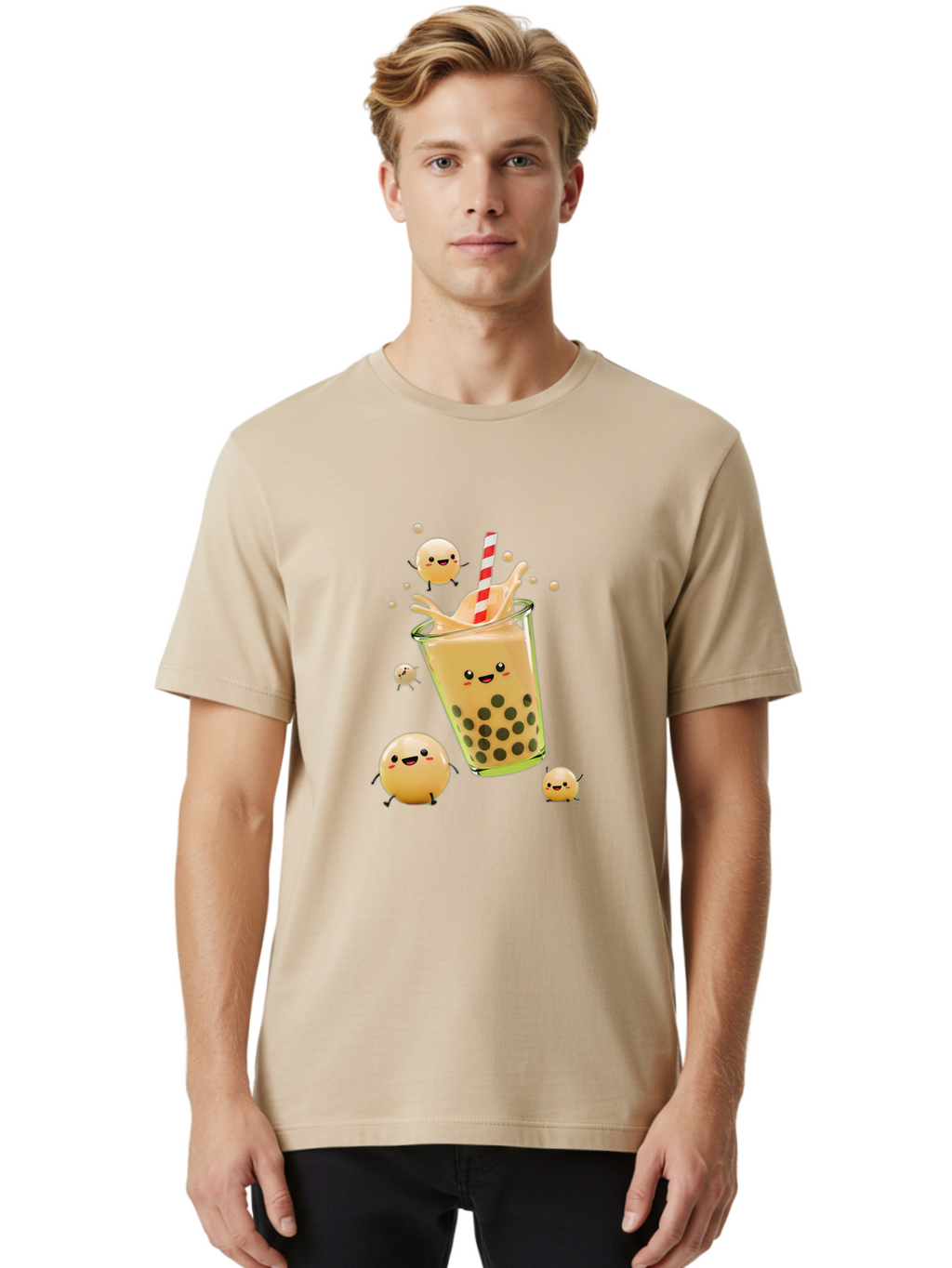 Boba-Tea-12 Men'S Graphic Tee, 100% Cotton, Comfortable Casual Summer Wear, Machine Washable, Bubble Tea Drink, Cartoon Bubbles, Smiling Faces, Fun Beverage, Playful Illustration, Boba Tea, Happy Characters, Animated Drink Bac653