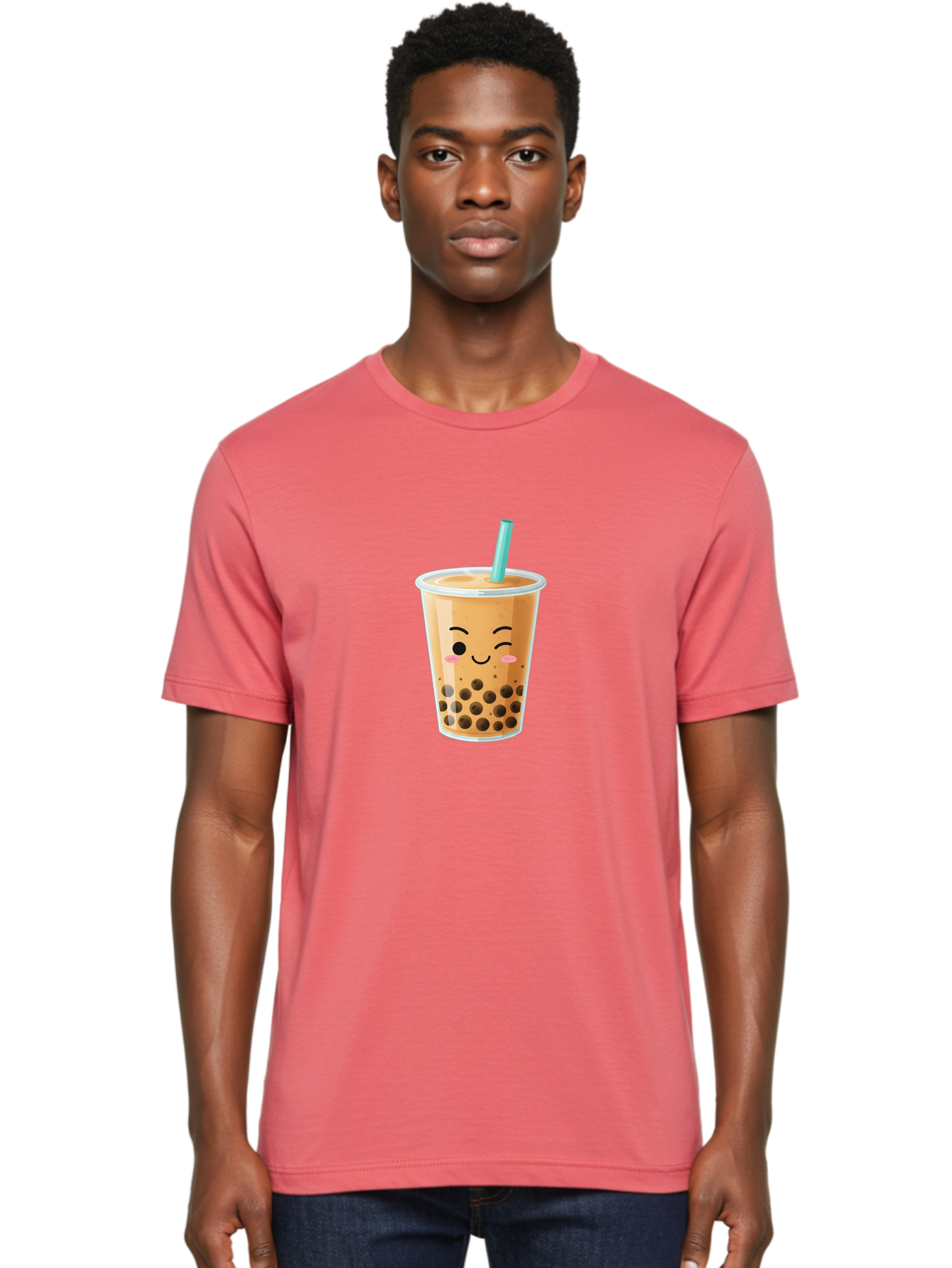 Boba-Tea-15 Men'S Graphic Tee, 100% Cotton, Comfortable Casual Summer Wear, Machine Washable, Boba Tea, Milk Tea, Bubble Tea, Kawaii Drink, Cute Straw, Plastic Cup, Black Boba, Tea Time, Winking Face, Rosy Cheeks, Black Boba Pearls, Bac656