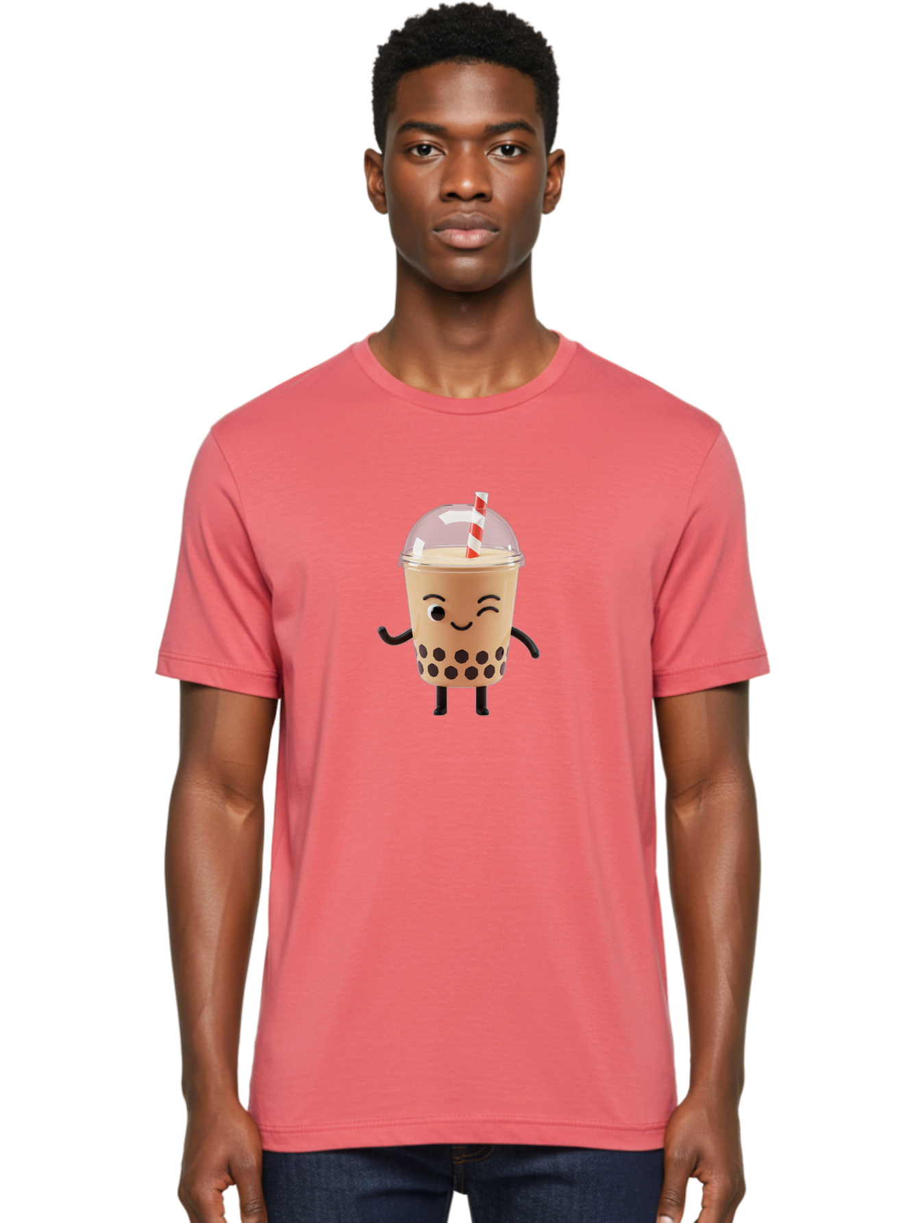 Boba-Tea-16 Men'S Graphic Tee, 100% Cotton, Comfortable Casual Summer Wear, Machine Washable, Boba Tea, Milk Tea, Bubble Tea, Cartoon Character, Smiling Face, Black Bobas, Red And White Straw, Tea Cup Bac657
