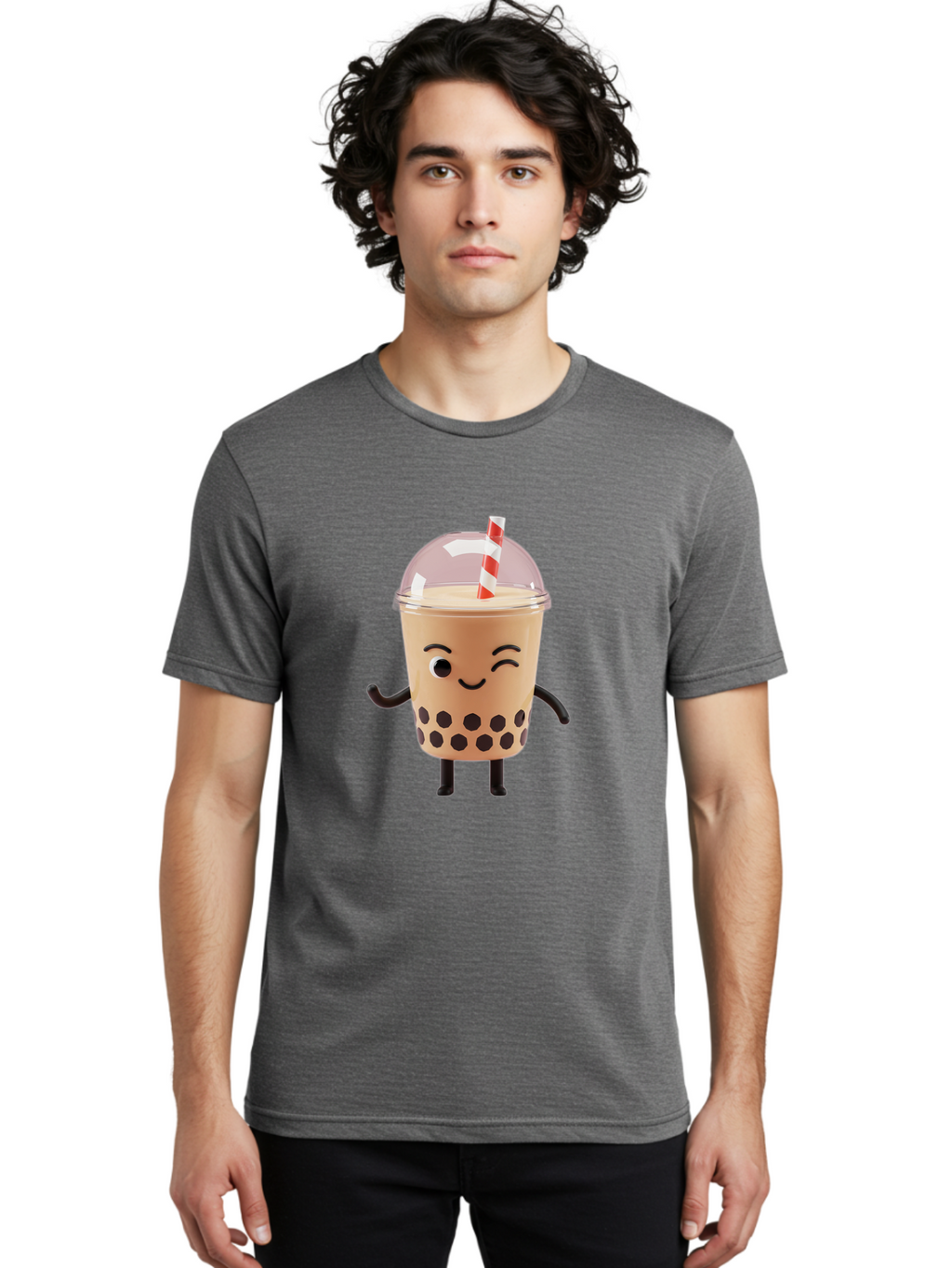 Boba-Tea-16 Men'S Graphic Tee, 100% Cotton, Comfortable Casual Summer Wear, Machine Washable, Boba Tea, Milk Tea, Bubble Tea, Cartoon Character, Smiling Face, Black Bobas, Red And White Straw, Tea Cup Bac657