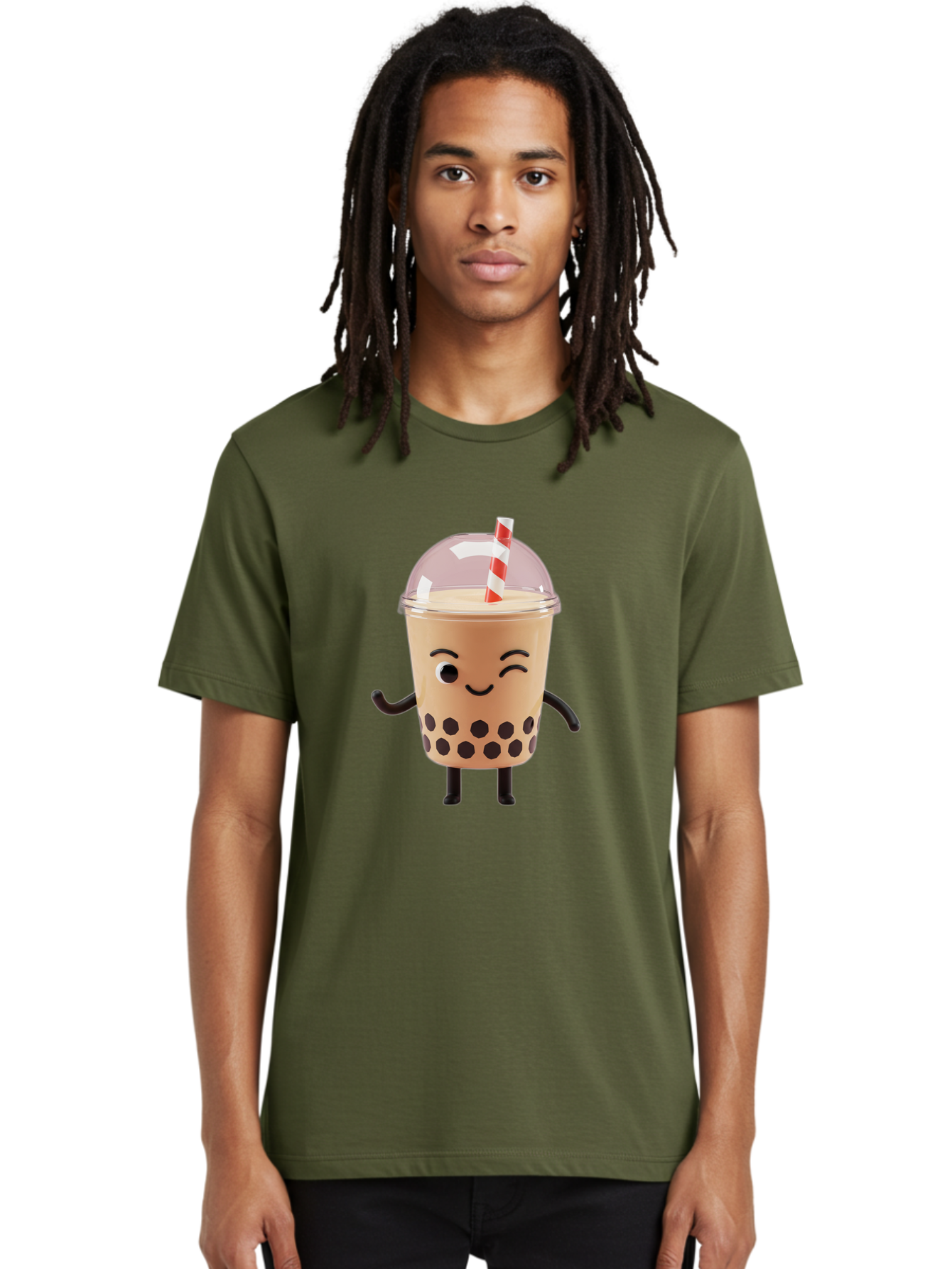 Boba-Tea-16 Men'S Graphic Tee, 100% Cotton, Comfortable Casual Summer Wear, Machine Washable, Boba Tea, Milk Tea, Bubble Tea, Cartoon Character, Smiling Face, Black Bobas, Red And White Straw, Tea Cup Bac657