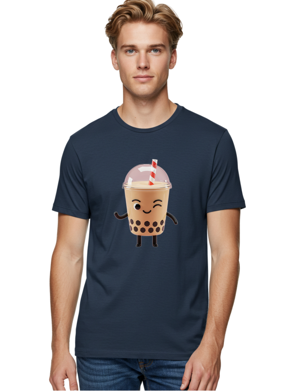Boba-Tea-16 Men'S Graphic Tee, 100% Cotton, Comfortable Casual Summer Wear, Machine Washable, Boba Tea, Milk Tea, Bubble Tea, Cartoon Character, Smiling Face, Black Bobas, Red And White Straw, Tea Cup Bac657