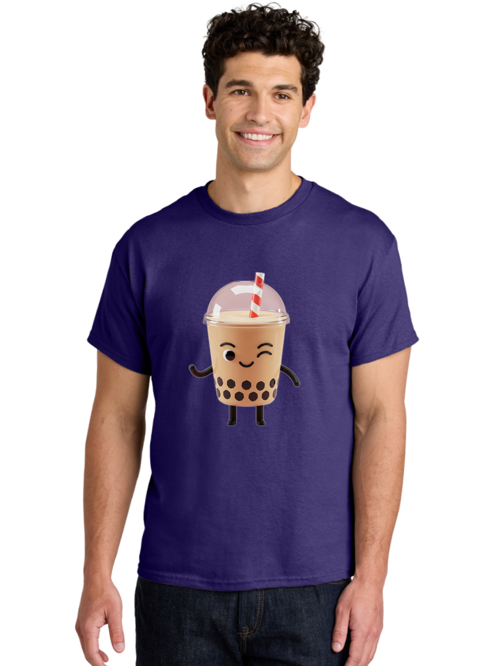 Boba-Tea-16 Men'S Graphic Tee, 100% Cotton, Comfortable Casual Summer Wear, Machine Washable, Boba Tea, Milk Tea, Bubble Tea, Cartoon Character, Smiling Face, Black Bobas, Red And White Straw, Tea Cup Bac657