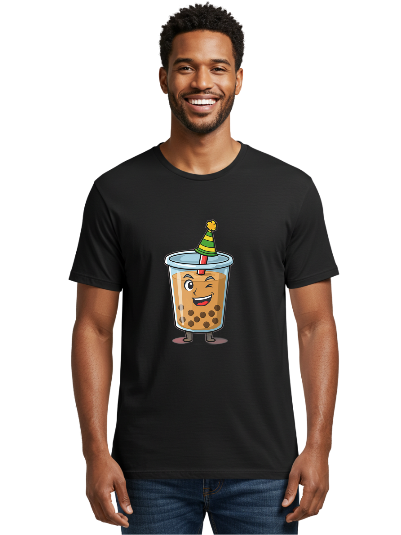Boba-Tea-17 Men'S Graphic Tee, 100% Cotton, Comfortable Casual Summer Wear, Machine Washable, Cartoon Bubble Tea, Party Hat, Festive Boba, Smiling Drink, Fun Beverage, Animated Character, Cute Boba Tea Bac658