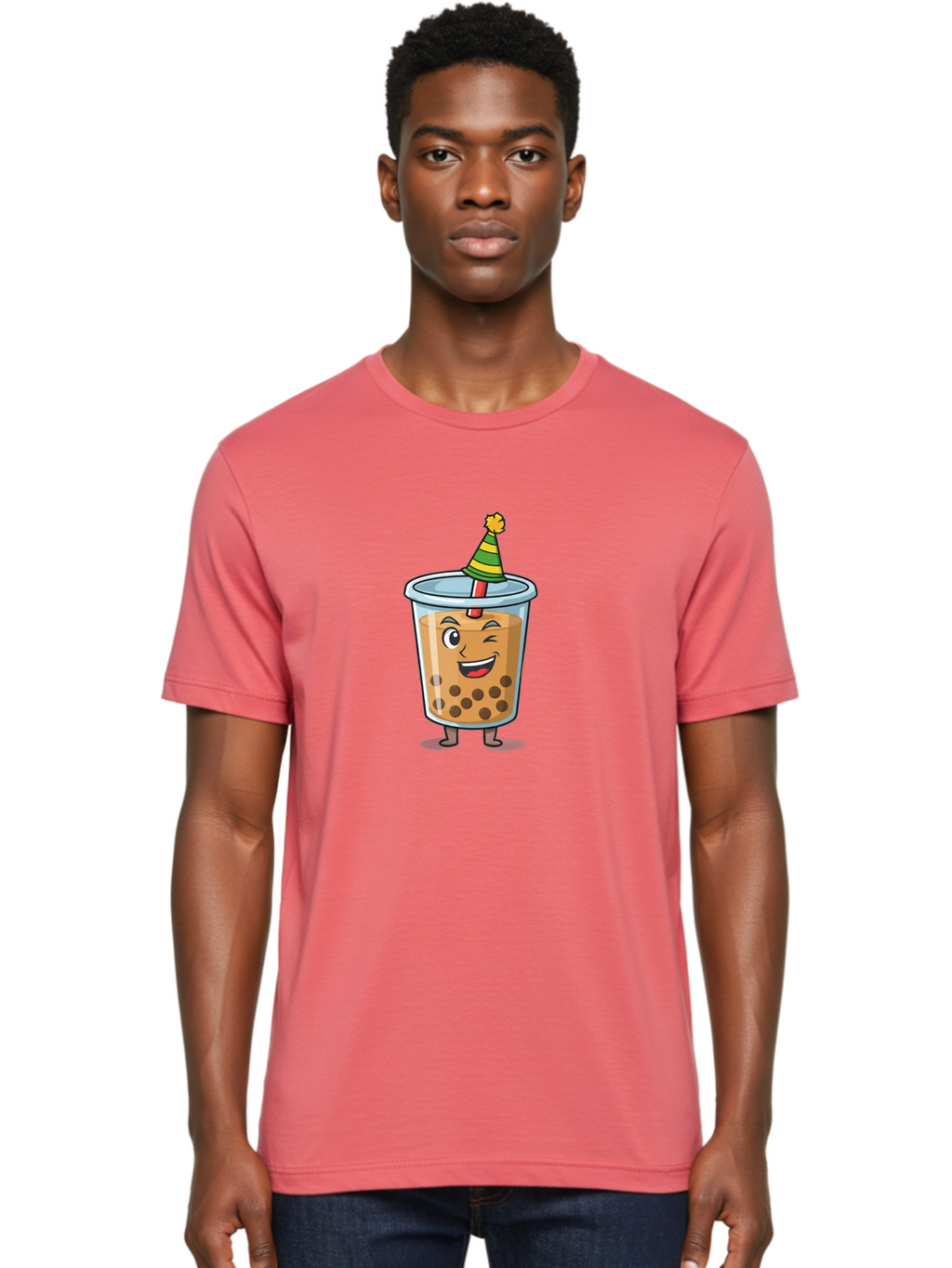 Boba-Tea-17 Men'S Graphic Tee, 100% Cotton, Comfortable Casual Summer Wear, Machine Washable, Cartoon Bubble Tea, Party Hat, Festive Boba, Smiling Drink, Fun Beverage, Animated Character, Cute Boba Tea Bac658