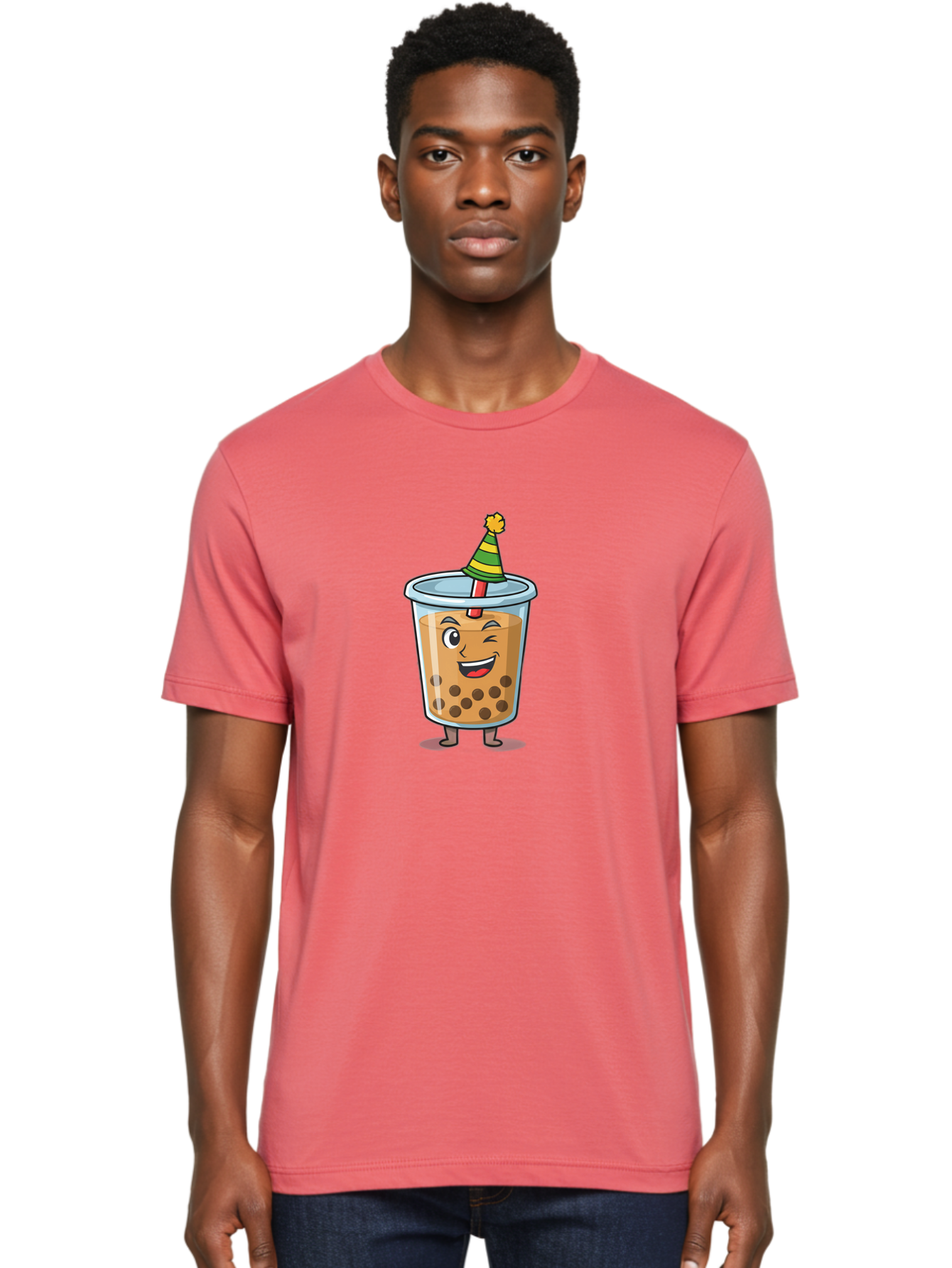 Boba-Tea-17 Men'S Graphic Tee, 100% Cotton, Comfortable Casual Summer Wear, Machine Washable, Cartoon Bubble Tea, Party Hat, Festive Boba, Smiling Drink, Fun Beverage, Animated Character, Cute Boba Tea Bac658