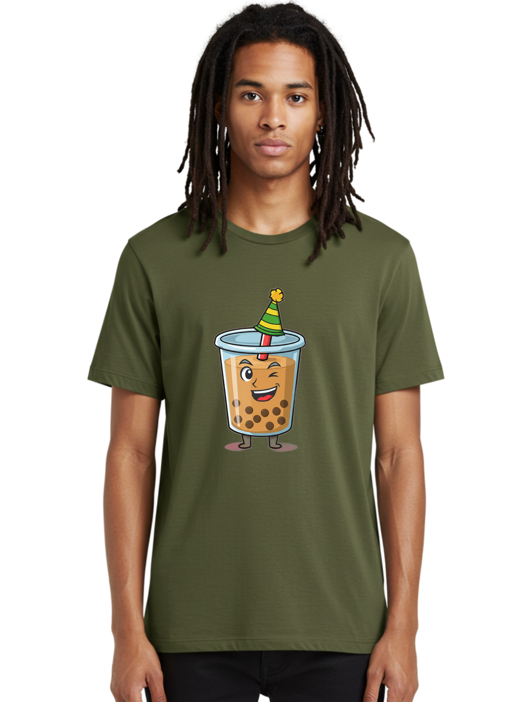 Boba-Tea-17 Men'S Graphic Tee, 100% Cotton, Comfortable Casual Summer Wear, Machine Washable, Cartoon Bubble Tea, Party Hat, Festive Boba, Smiling Drink, Fun Beverage, Animated Character, Cute Boba Tea Bac658