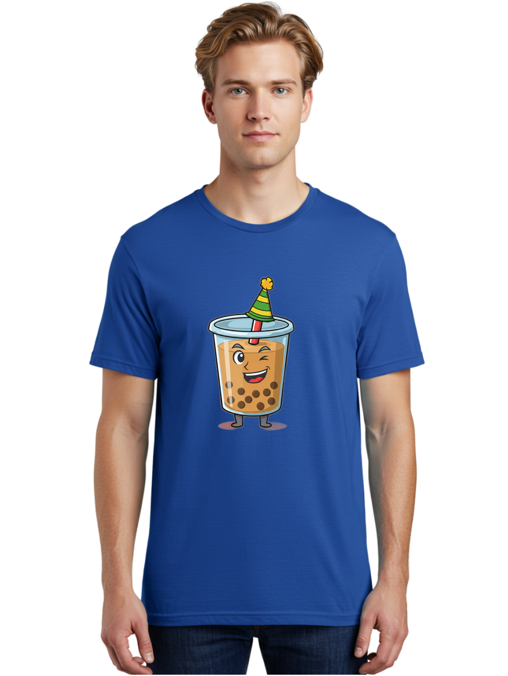 Boba-Tea-17 Men'S Graphic Tee, 100% Cotton, Comfortable Casual Summer Wear, Machine Washable, Cartoon Bubble Tea, Party Hat, Festive Boba, Smiling Drink, Fun Beverage, Animated Character, Cute Boba Tea Bac658