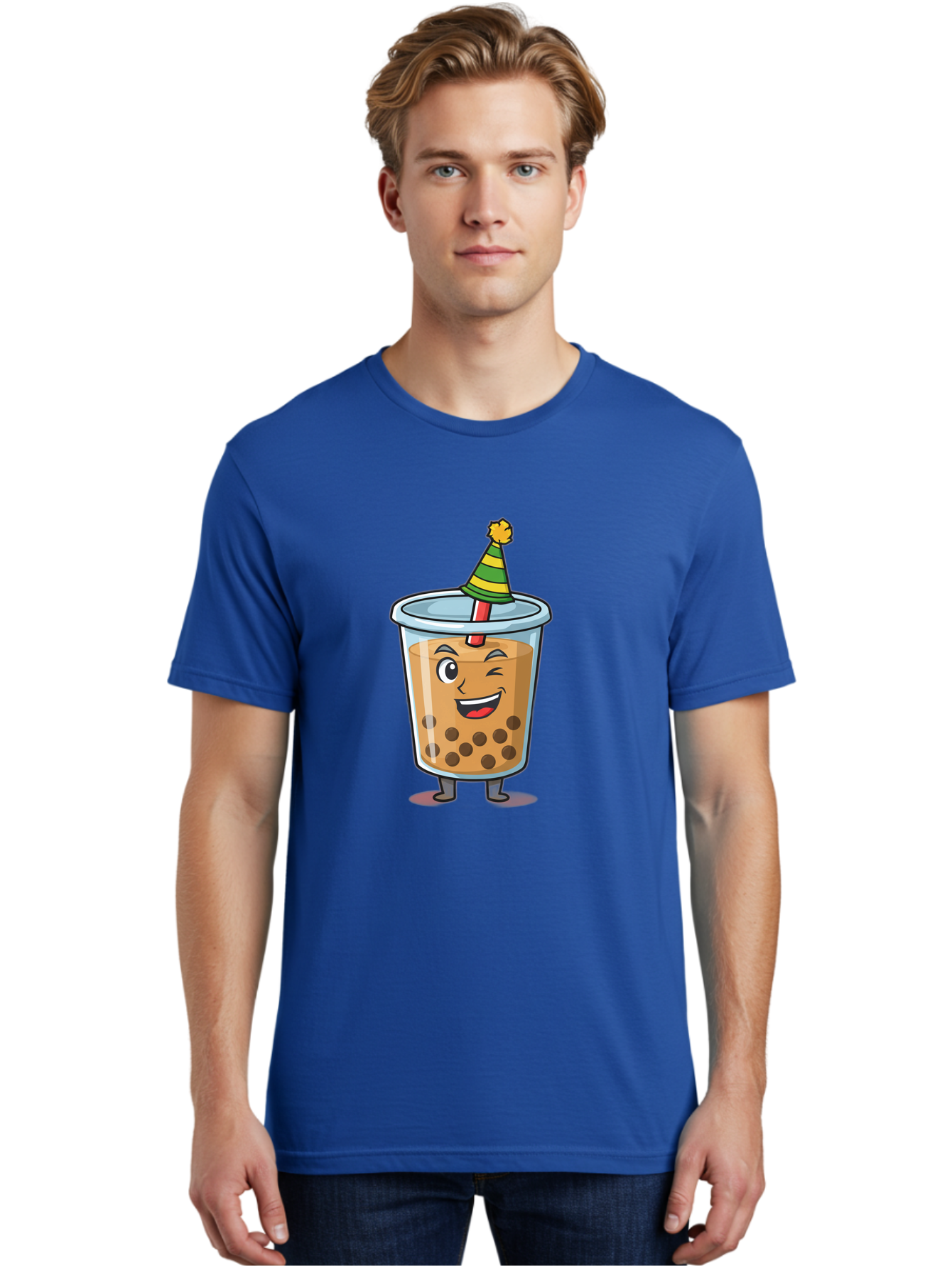 Boba-Tea-17 Men'S Graphic Tee, 100% Cotton, Comfortable Casual Summer Wear, Machine Washable, Cartoon Bubble Tea, Party Hat, Festive Boba, Smiling Drink, Fun Beverage, Animated Character, Cute Boba Tea Bac658
