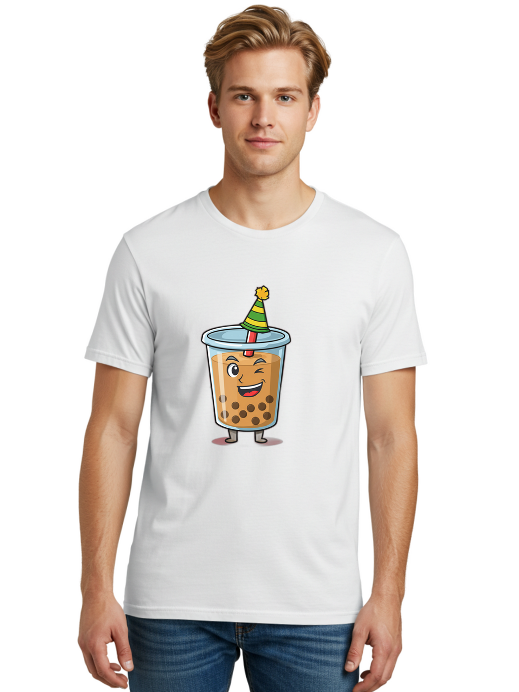 Boba-Tea-17 Men'S Graphic Tee, 100% Cotton, Comfortable Casual Summer Wear, Machine Washable, Cartoon Bubble Tea, Party Hat, Festive Boba, Smiling Drink, Fun Beverage, Animated Character, Cute Boba Tea Bac658