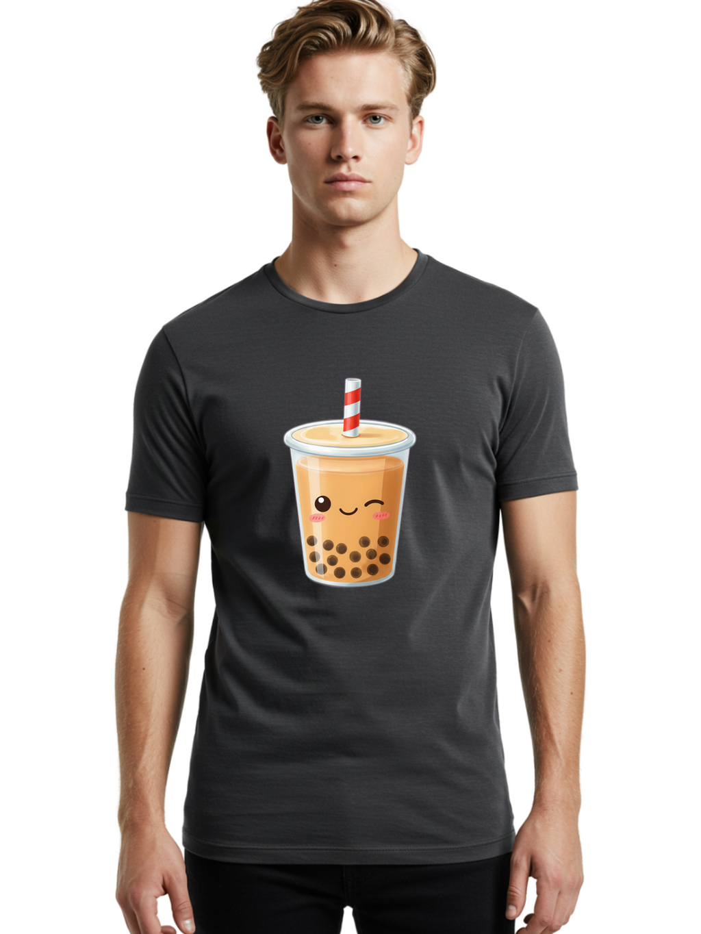 Boba-Tea-18 Men'S Graphic Tee, 100% Cotton, Comfortable Casual Summer Wear, Machine Washable, Boba Tea, Milk Tea, Cartoon Character, Cute Drink, Bubble Tea With Straw, Smiling Face, Adorable Beverage, Boba, Tea Lover Bac659
