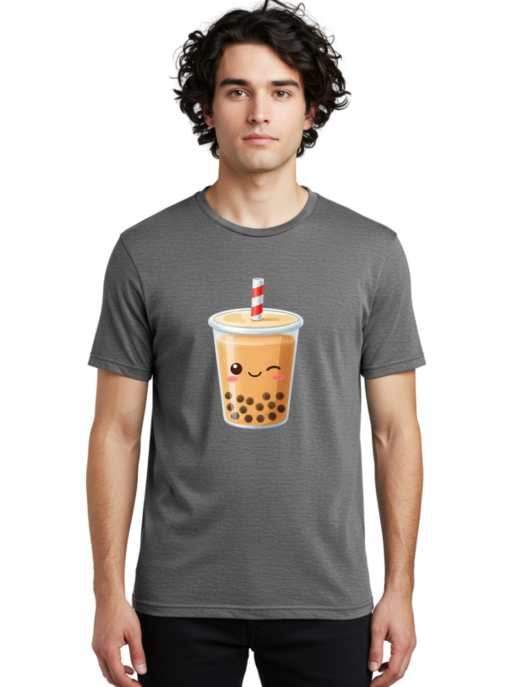 Boba-Tea-18 Men'S Graphic Tee, 100% Cotton, Comfortable Casual Summer Wear, Machine Washable, Boba Tea, Milk Tea, Cartoon Character, Cute Drink, Bubble Tea With Straw, Smiling Face, Adorable Beverage, Boba, Tea Lover Bac659