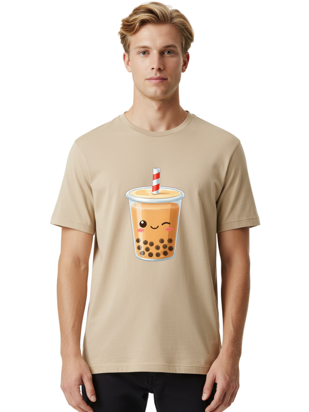 Boba-Tea-18 Men'S Graphic Tee, 100% Cotton, Comfortable Casual Summer Wear, Machine Washable, Boba Tea, Milk Tea, Cartoon Character, Cute Drink, Bubble Tea With Straw, Smiling Face, Adorable Beverage, Boba, Tea Lover Bac659