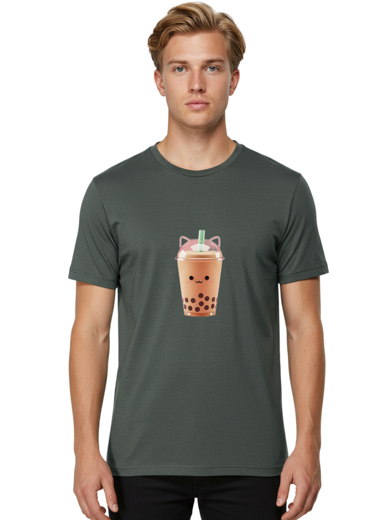 Boba-Tea-2 Men'S Graphic Tee, 100% Cotton, Comfortable Casual Summer Wear, Machine Washable, Bubble Tea, Milk Tea, Boba Drink, Cute Kawaii Design, Cartoon Face, Straw, Tapioca Pearls, Brown Bubbles, Smiling Face, Adorable Beverage, Tea Drink, Bac660
