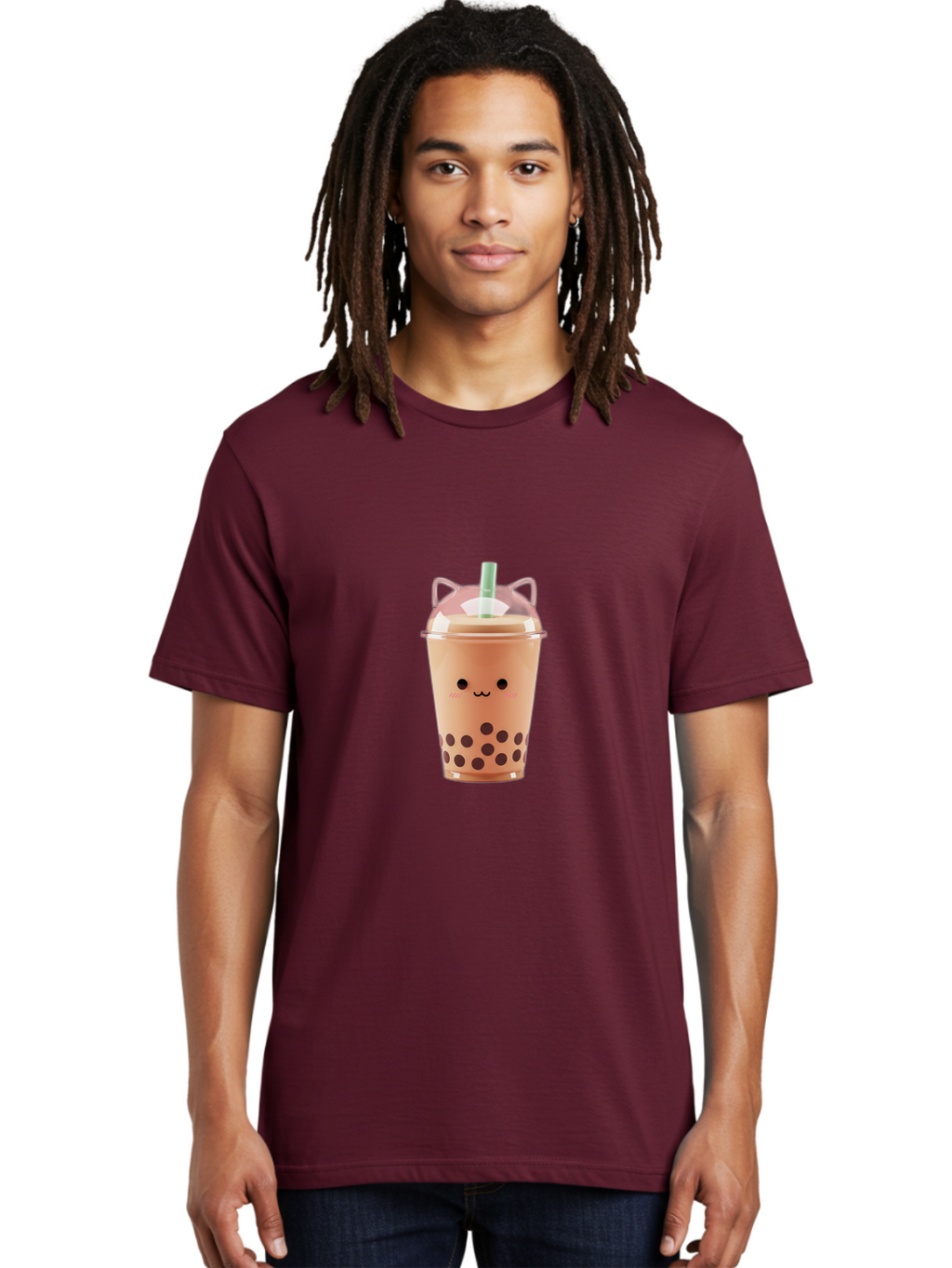 Boba-Tea-2 Men'S Graphic Tee, 100% Cotton, Comfortable Casual Summer Wear, Machine Washable, Bubble Tea, Milk Tea, Boba Drink, Cute Kawaii Design, Cartoon Face, Straw, Tapioca Pearls, Brown Bubbles, Smiling Face, Adorable Beverage, Tea Drink, Bac660