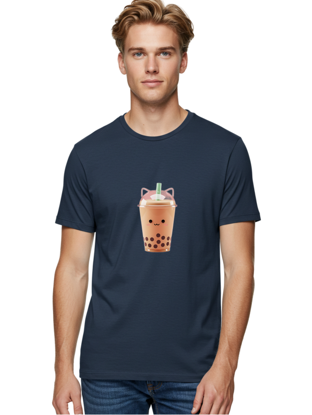Boba-Tea-2 Men'S Graphic Tee, 100% Cotton, Comfortable Casual Summer Wear, Machine Washable, Bubble Tea, Milk Tea, Boba Drink, Cute Kawaii Design, Cartoon Face, Straw, Tapioca Pearls, Brown Bubbles, Smiling Face, Adorable Beverage, Tea Drink, Bac660