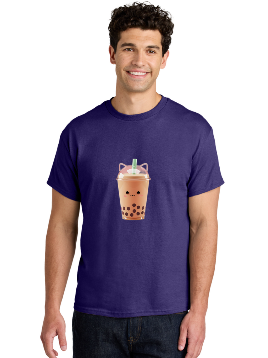 Boba-Tea-2 Men'S Graphic Tee, 100% Cotton, Comfortable Casual Summer Wear, Machine Washable, Bubble Tea, Milk Tea, Boba Drink, Cute Kawaii Design, Cartoon Face, Straw, Tapioca Pearls, Brown Bubbles, Smiling Face, Adorable Beverage, Tea Drink, Bac660
