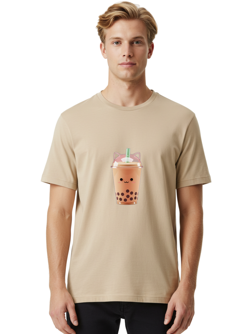 Boba-Tea-2 Men'S Graphic Tee, 100% Cotton, Comfortable Casual Summer Wear, Machine Washable, Bubble Tea, Milk Tea, Boba Drink, Cute Kawaii Design, Cartoon Face, Straw, Tapioca Pearls, Brown Bubbles, Smiling Face, Adorable Beverage, Tea Drink, Bac660