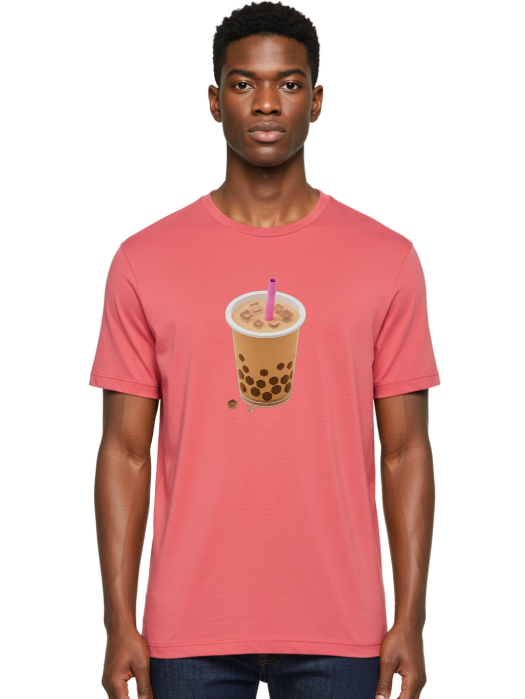 Boba-Tea-4 Men'S Graphic Tee, 100% Cotton, Comfortable Casual Summer Wear, Machine Washable, Boba Milk Tea, Bubble Tea, Milktea, Tapioca Pearls, Coffee Drink, Tea Beverage, Pink Straw, Brown Cubes, Trendy Drink, Refreshing Beverage, Bac662