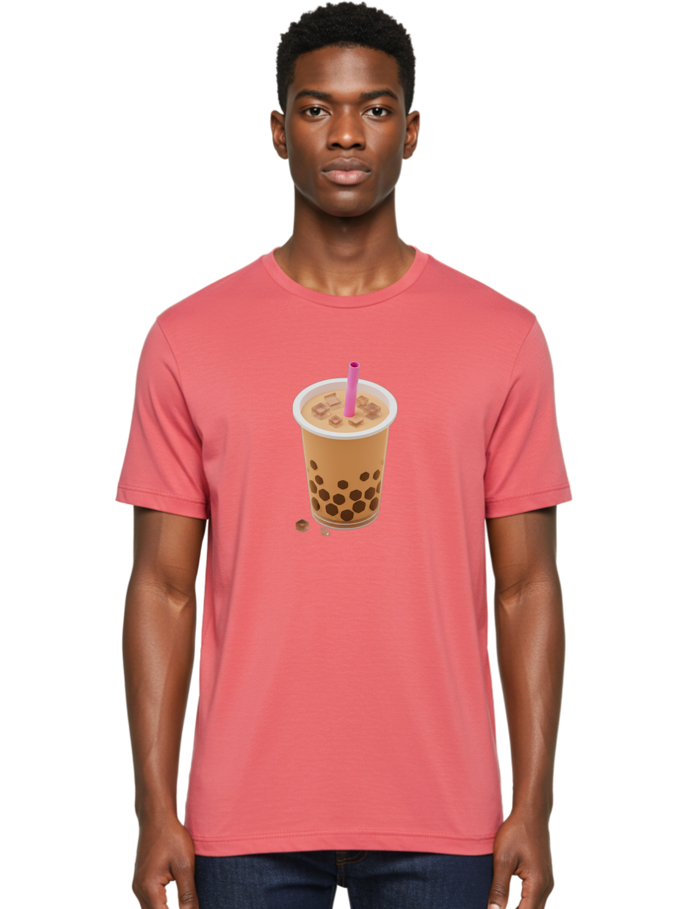 Boba-Tea-4 Men'S Graphic Tee, 100% Cotton, Comfortable Casual Summer Wear, Machine Washable, Boba Milk Tea, Bubble Tea, Milktea, Tapioca Pearls, Coffee Drink, Tea Beverage, Pink Straw, Brown Cubes, Trendy Drink, Refreshing Beverage, Bac662