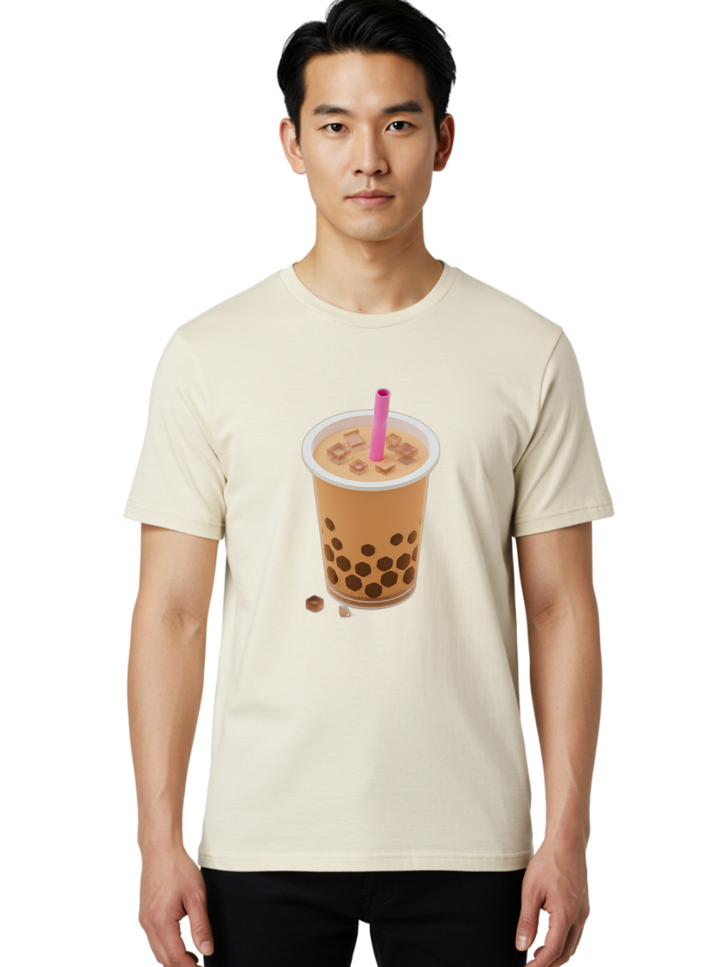 Boba-Tea-4 Men'S Graphic Tee, 100% Cotton, Comfortable Casual Summer Wear, Machine Washable, Boba Milk Tea, Bubble Tea, Milktea, Tapioca Pearls, Coffee Drink, Tea Beverage, Pink Straw, Brown Cubes, Trendy Drink, Refreshing Beverage, Bac662