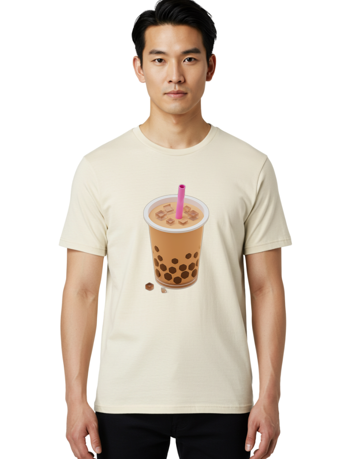 Boba-Tea-4 Men'S Graphic Tee, 100% Cotton, Comfortable Casual Summer Wear, Machine Washable, Boba Milk Tea, Bubble Tea, Milktea, Tapioca Pearls, Coffee Drink, Tea Beverage, Pink Straw, Brown Cubes, Trendy Drink, Refreshing Beverage, Bac662