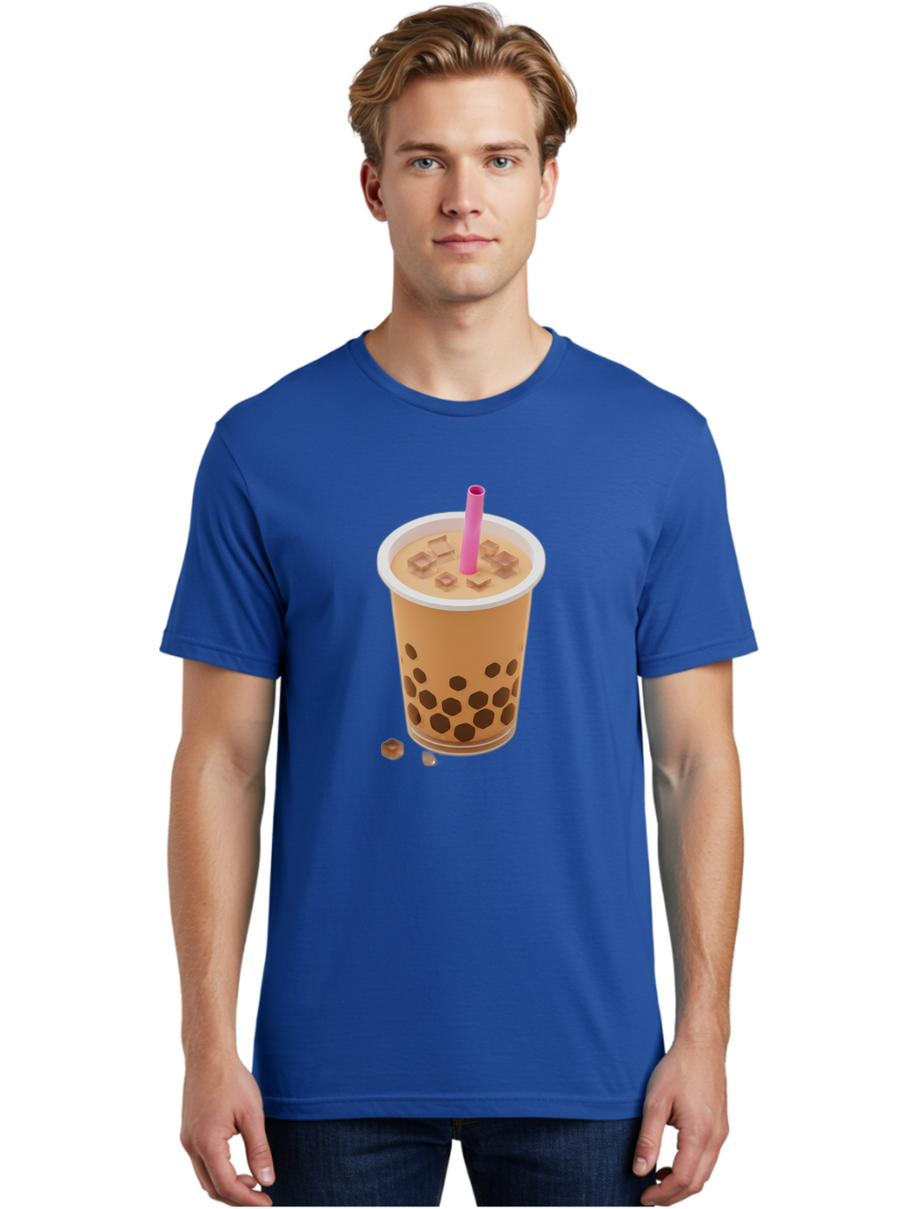 Boba-Tea-4 Men'S Graphic Tee, 100% Cotton, Comfortable Casual Summer Wear, Machine Washable, Boba Milk Tea, Bubble Tea, Milktea, Tapioca Pearls, Coffee Drink, Tea Beverage, Pink Straw, Brown Cubes, Trendy Drink, Refreshing Beverage, Bac662