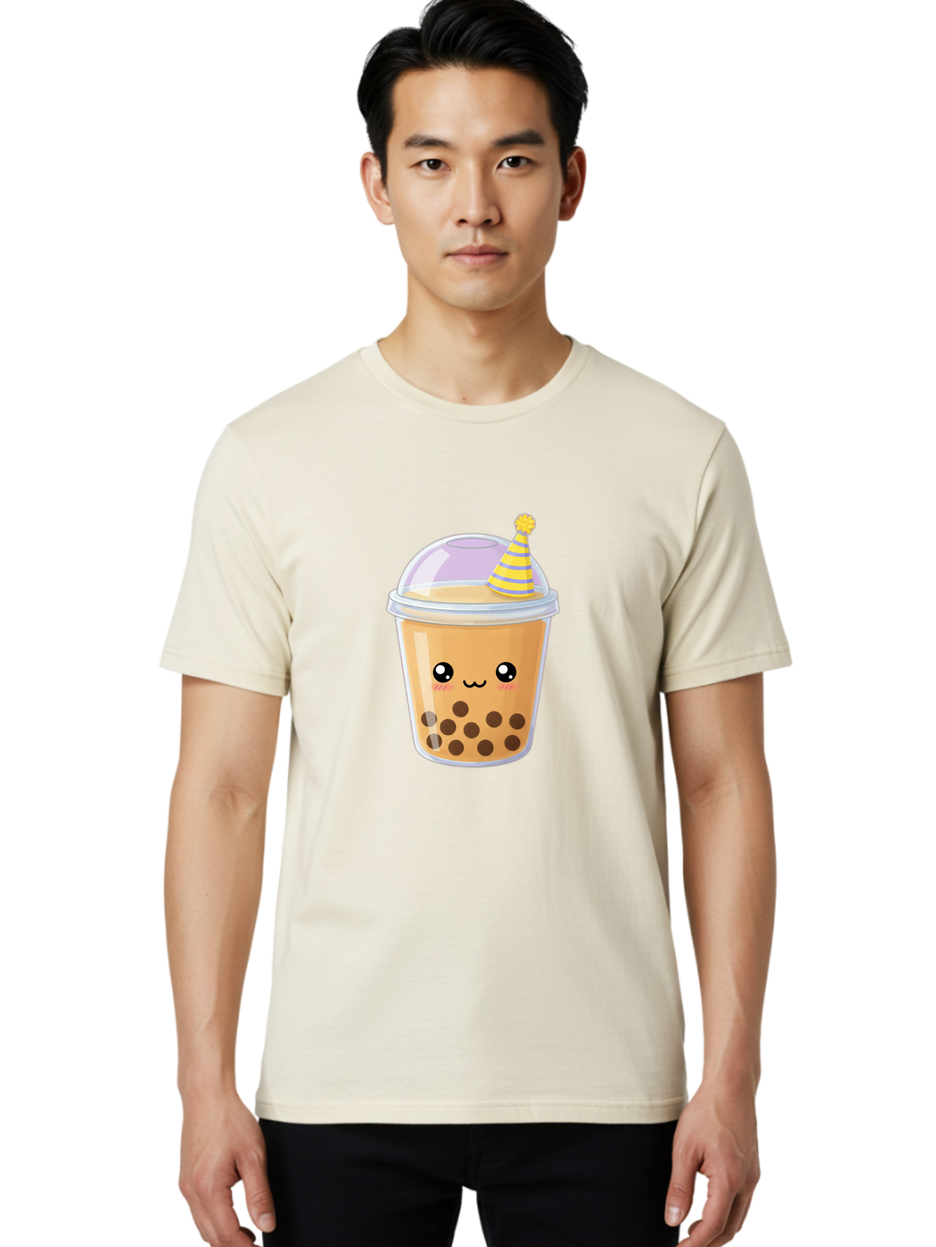 Boba-Tea-6 Men'S Graphic Tee, 100% Cotton, Comfortable Casual Summer Wear, Machine Washable, Bubble Tea, Boba Drink, Cartoon Character, Party Hat, Smiling Face, Tea Bubbles, Festive Drink, Cute Illustration, Kawaii Culture Bac664