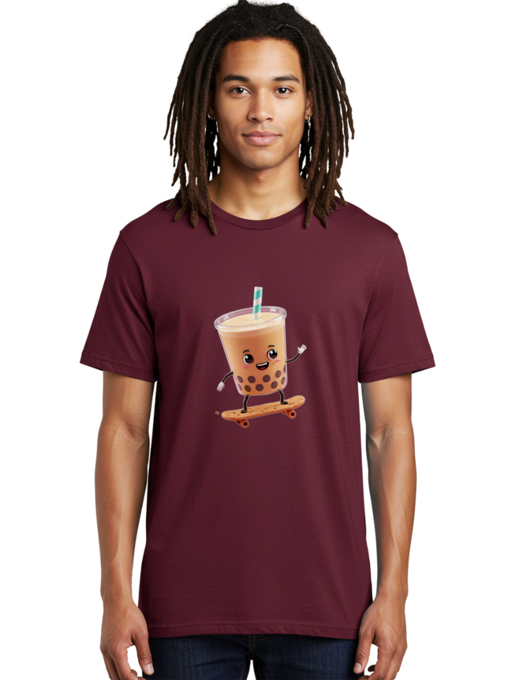 Boba-Tea-7 Men'S Graphic Tee, 100% Cotton, Comfortable Casual Summer Wear, Machine Washable, Boba Tea, Cartoon Character, Skateboarding, Fun Beverage, Playful Drink, Milk Tea, Tapioca Pearls, Smiling Face, Straw, Action Pose, Bac665