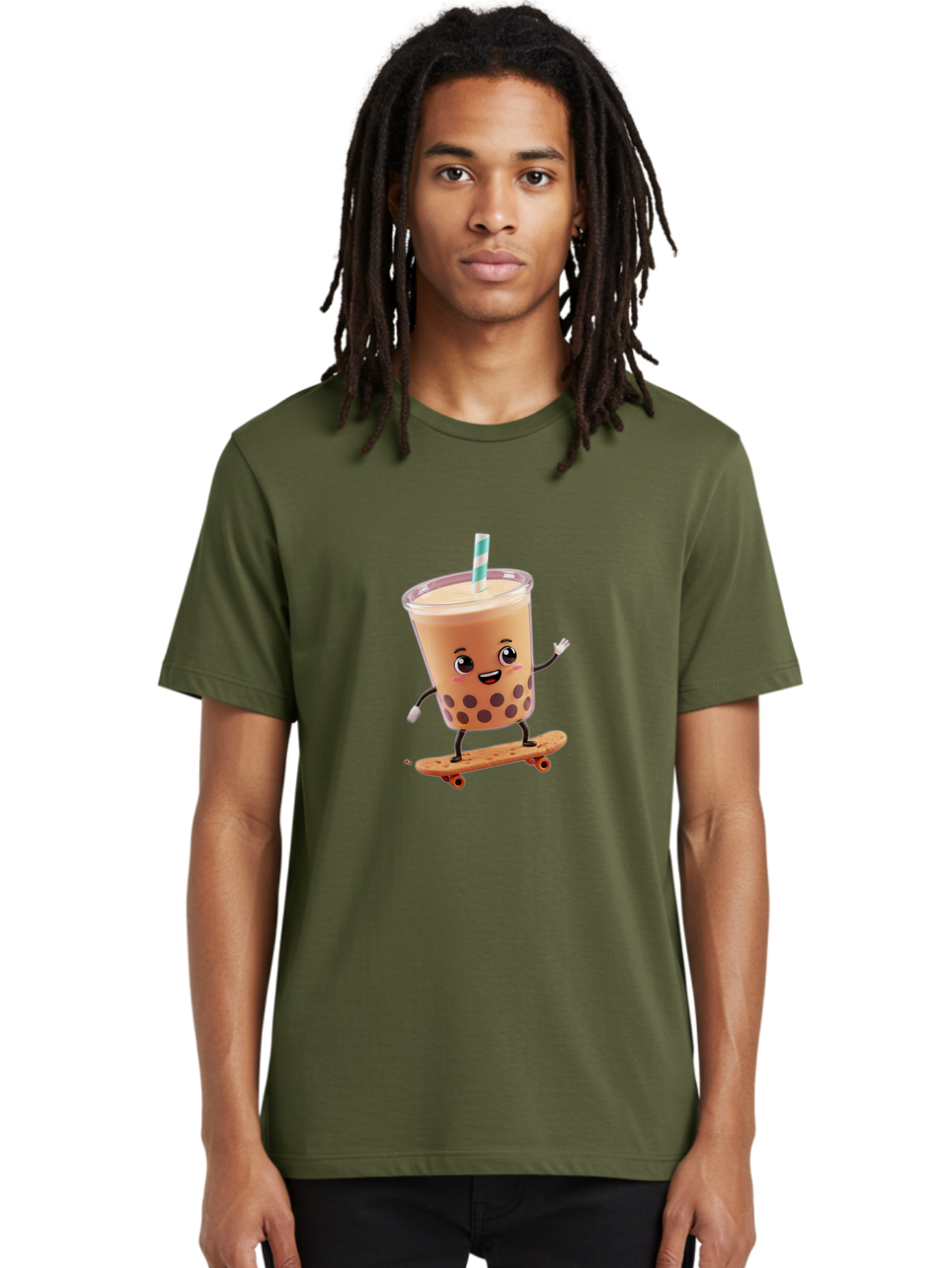 Boba-Tea-7 Men'S Graphic Tee, 100% Cotton, Comfortable Casual Summer Wear, Machine Washable, Boba Tea, Cartoon Character, Skateboarding, Fun Beverage, Playful Drink, Milk Tea, Tapioca Pearls, Smiling Face, Straw, Action Pose, Bac665
