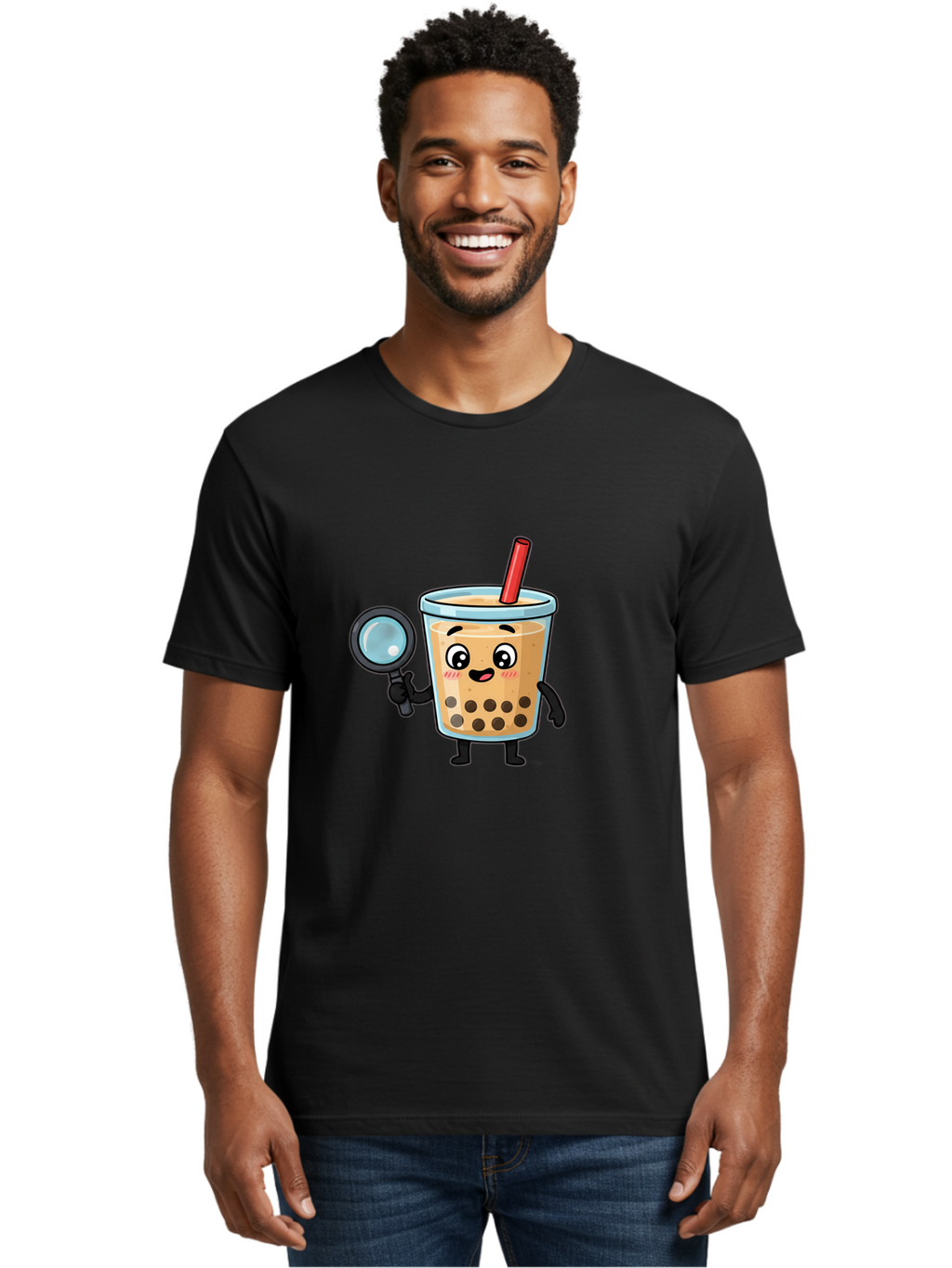 Boba-Tea-8 Men'S Graphic Tee, 100% Cotton, Comfortable Casual Summer Wear, Machine Washable, Boba Tea Character, Cartoon Bubble Tea, Kawaii Boba, Magnifying Glass, Detective Tea, Cute Drink, Bubble Tea Mascot, Tea With Straw, Bac666