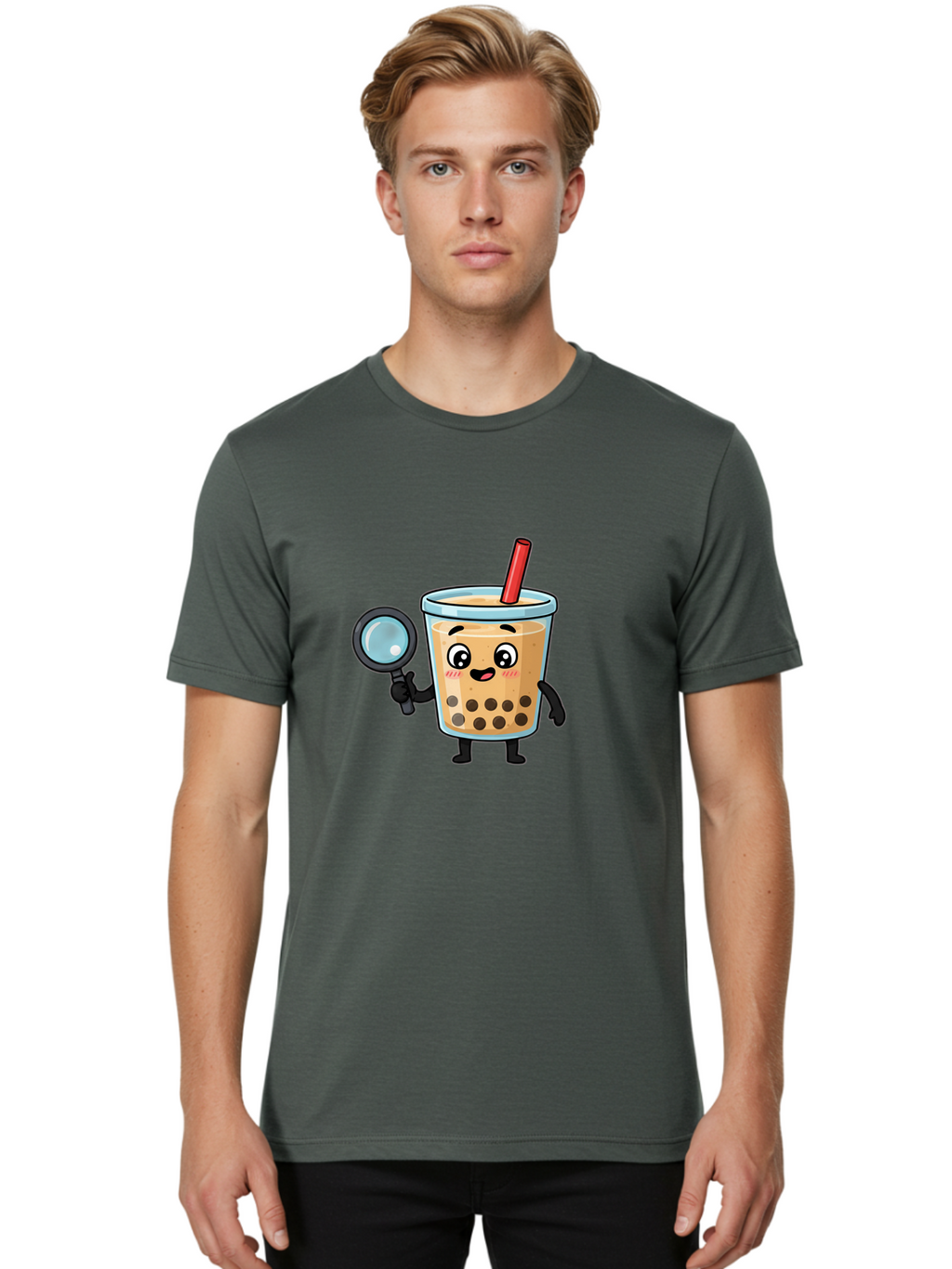 Boba-Tea-8 Men'S Graphic Tee, 100% Cotton, Comfortable Casual Summer Wear, Machine Washable, Boba Tea Character, Cartoon Bubble Tea, Kawaii Boba, Magnifying Glass, Detective Tea, Cute Drink, Bubble Tea Mascot, Tea With Straw, Bac666
