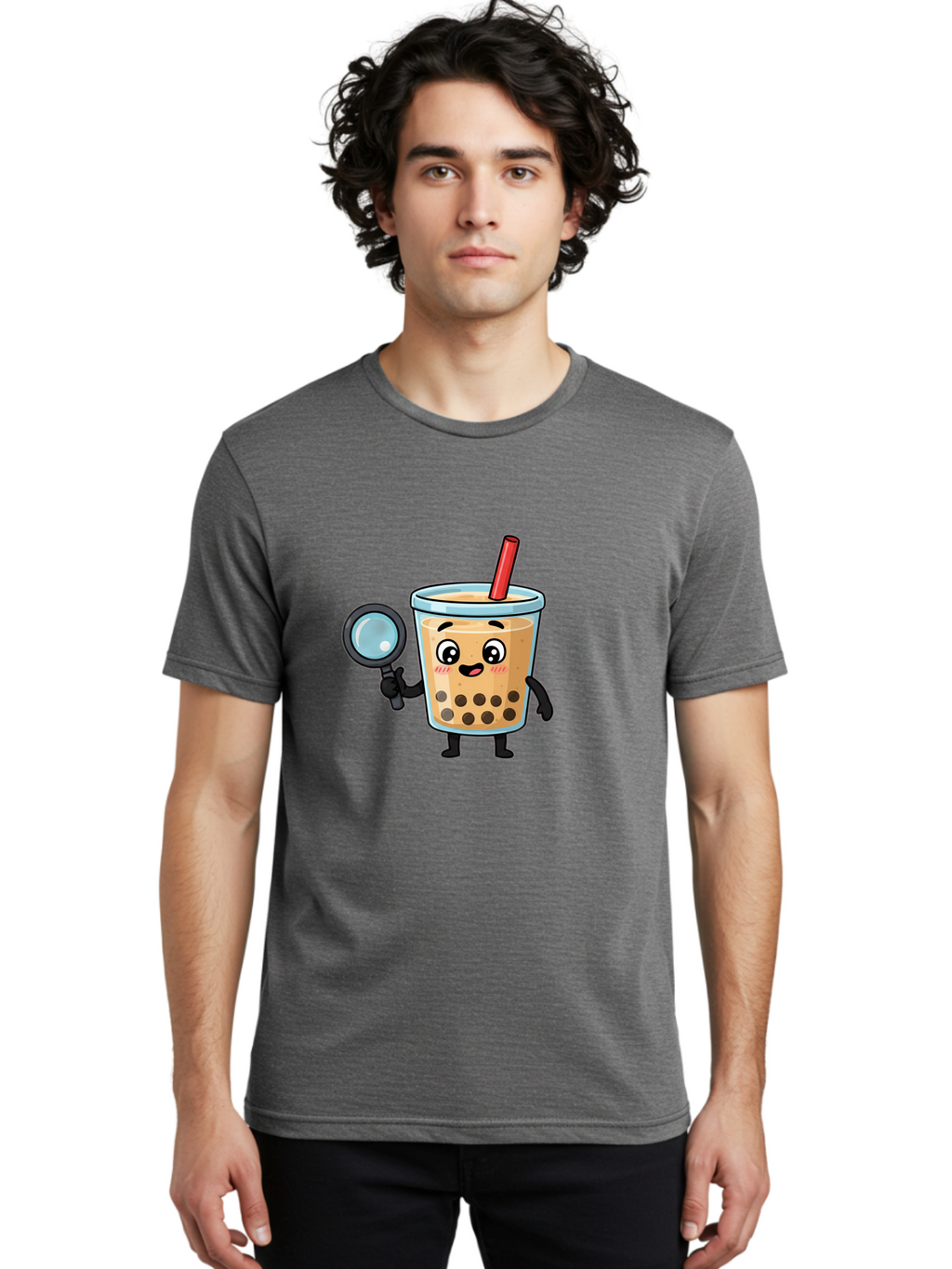 Boba-Tea-8 Men'S Graphic Tee, 100% Cotton, Comfortable Casual Summer Wear, Machine Washable, Boba Tea Character, Cartoon Bubble Tea, Kawaii Boba, Magnifying Glass, Detective Tea, Cute Drink, Bubble Tea Mascot, Tea With Straw, Bac666