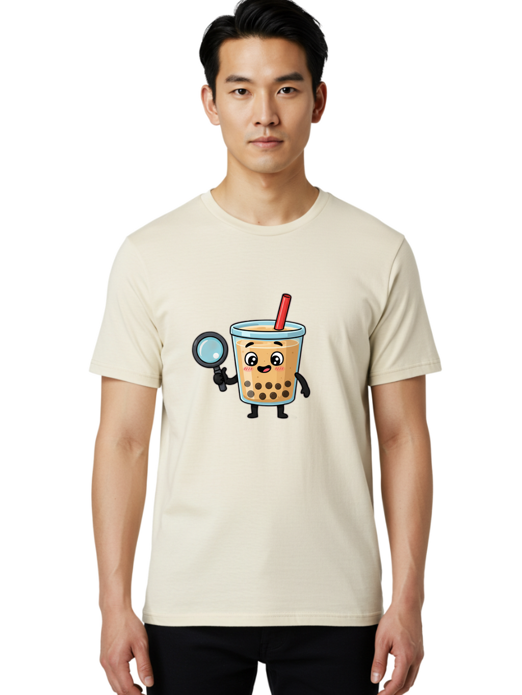 Boba-Tea-8 Men'S Graphic Tee, 100% Cotton, Comfortable Casual Summer Wear, Machine Washable, Boba Tea Character, Cartoon Bubble Tea, Kawaii Boba, Magnifying Glass, Detective Tea, Cute Drink, Bubble Tea Mascot, Tea With Straw, Bac666